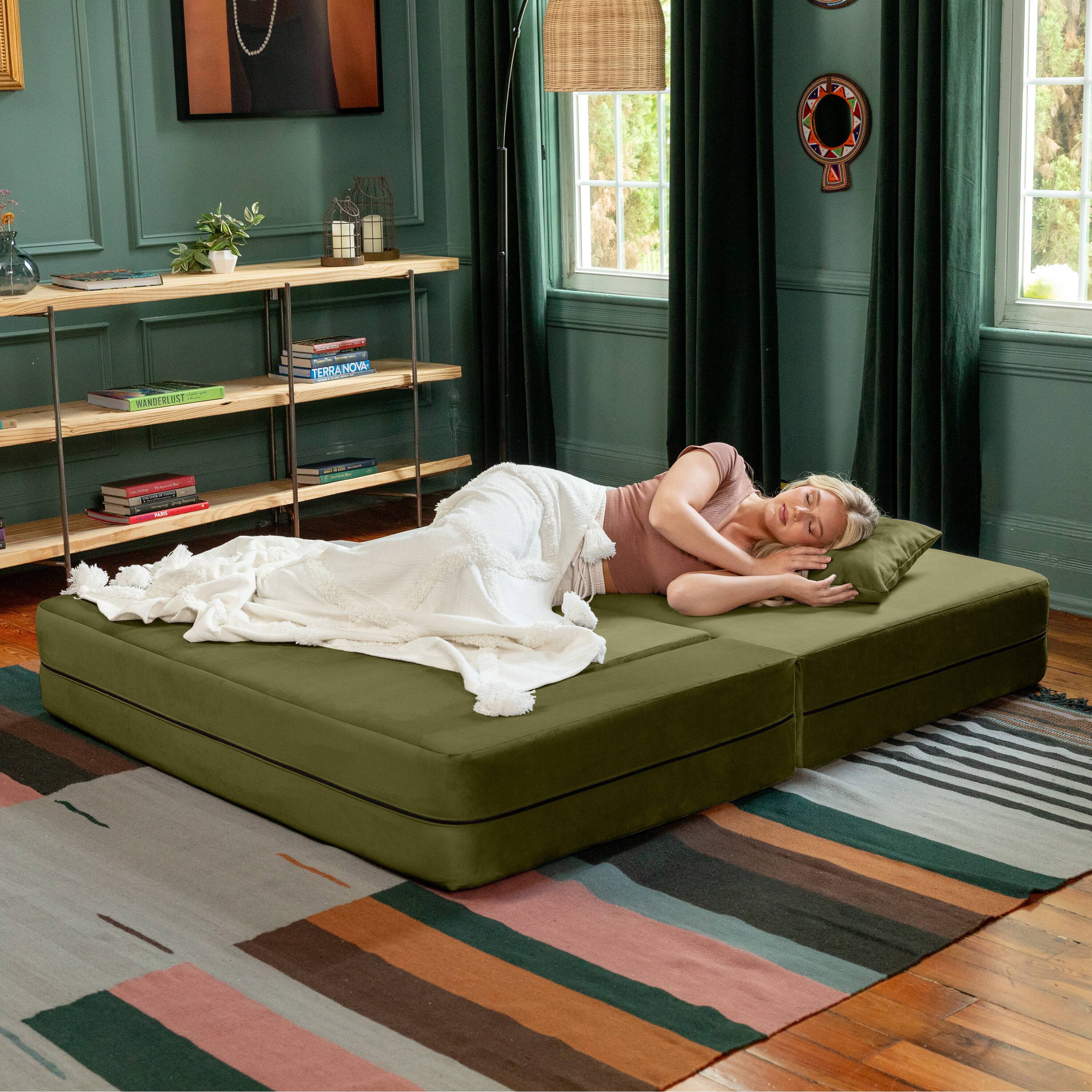 Alt View 2. Jaxx - Jaxx Zipline Convertible Sleeper Loveseat & Ottomans, Textured Microvelvet - Moss - Moss.