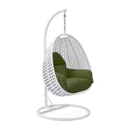 LeisureMod - Modern Handwoven White Wicker Egg Swing Chair with Stand - Single Hanging Indoor/Outdoor Chair for Patio - Dark Green