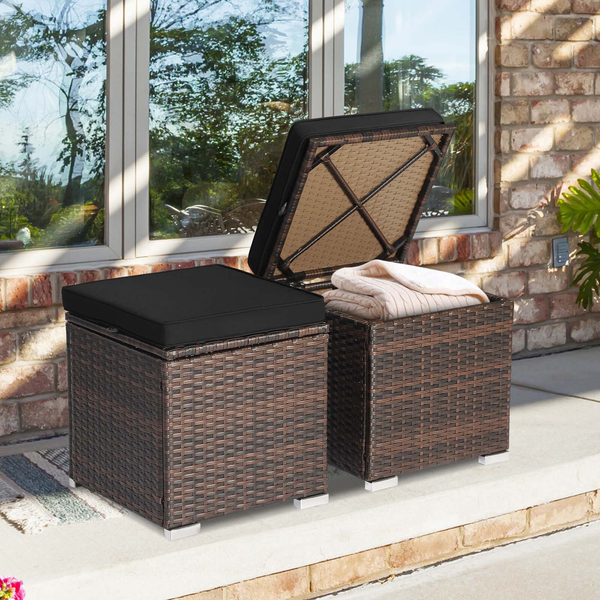 Alt View 1. Costway - 2PCS Patio Rattan Ottomans Seat Side Table Storage Box Footstool with Cushion - Black.