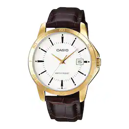 Casio - Men’s Leather Strap Watch with White Dial - MTP-V004GL-7A - Brown