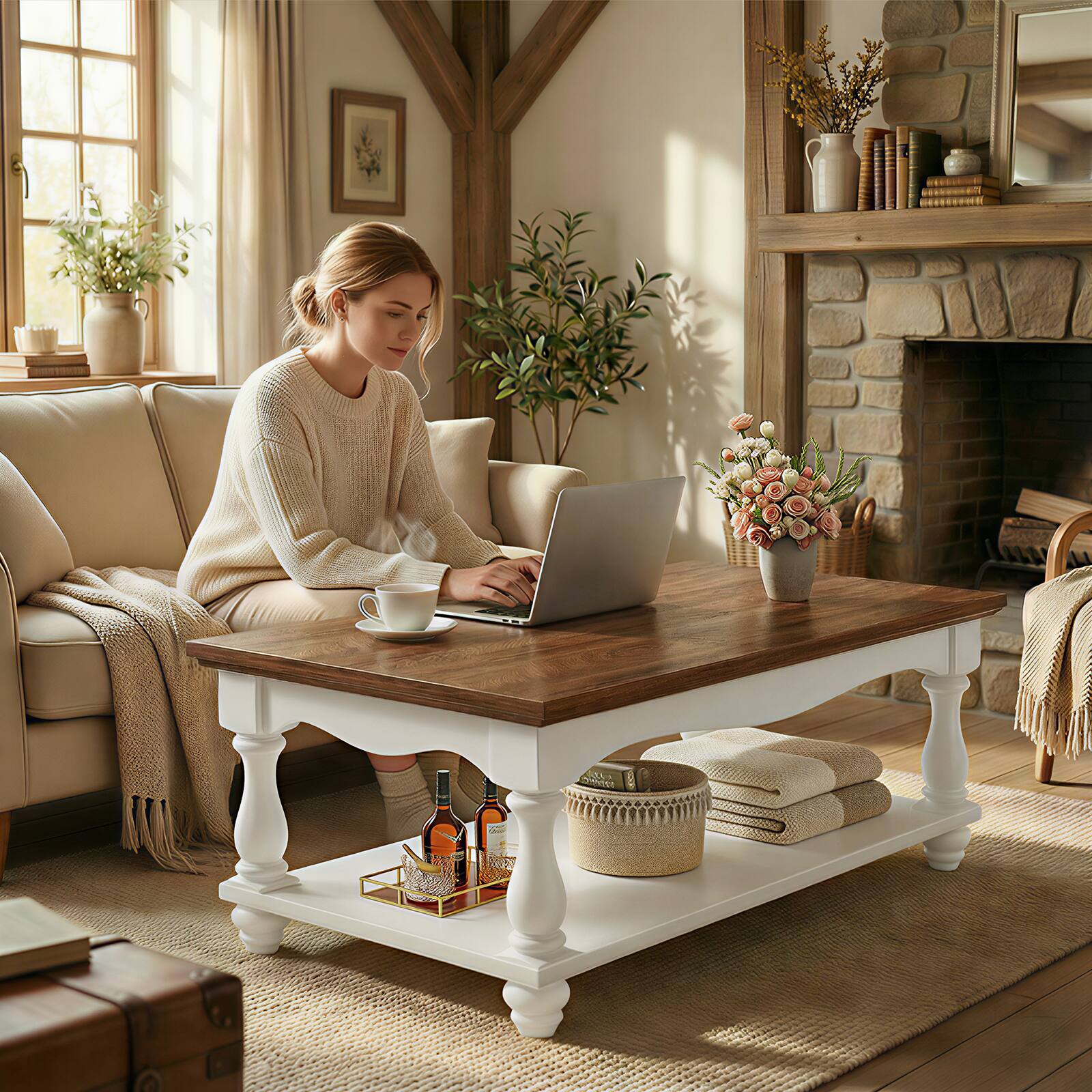 Alt View 2. Aheaplus - Wooden Coffee Table - 2-Tier Farmhouse Coffee Table with Storage for Living Room - White & Brown.