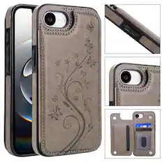 Front. Dteck - For Apple iPhone 17e / 16e Wallet Case Flower Embossed Pattern PU Leather Card Slots Flip Kickstand Shockproof Cover - Gray.