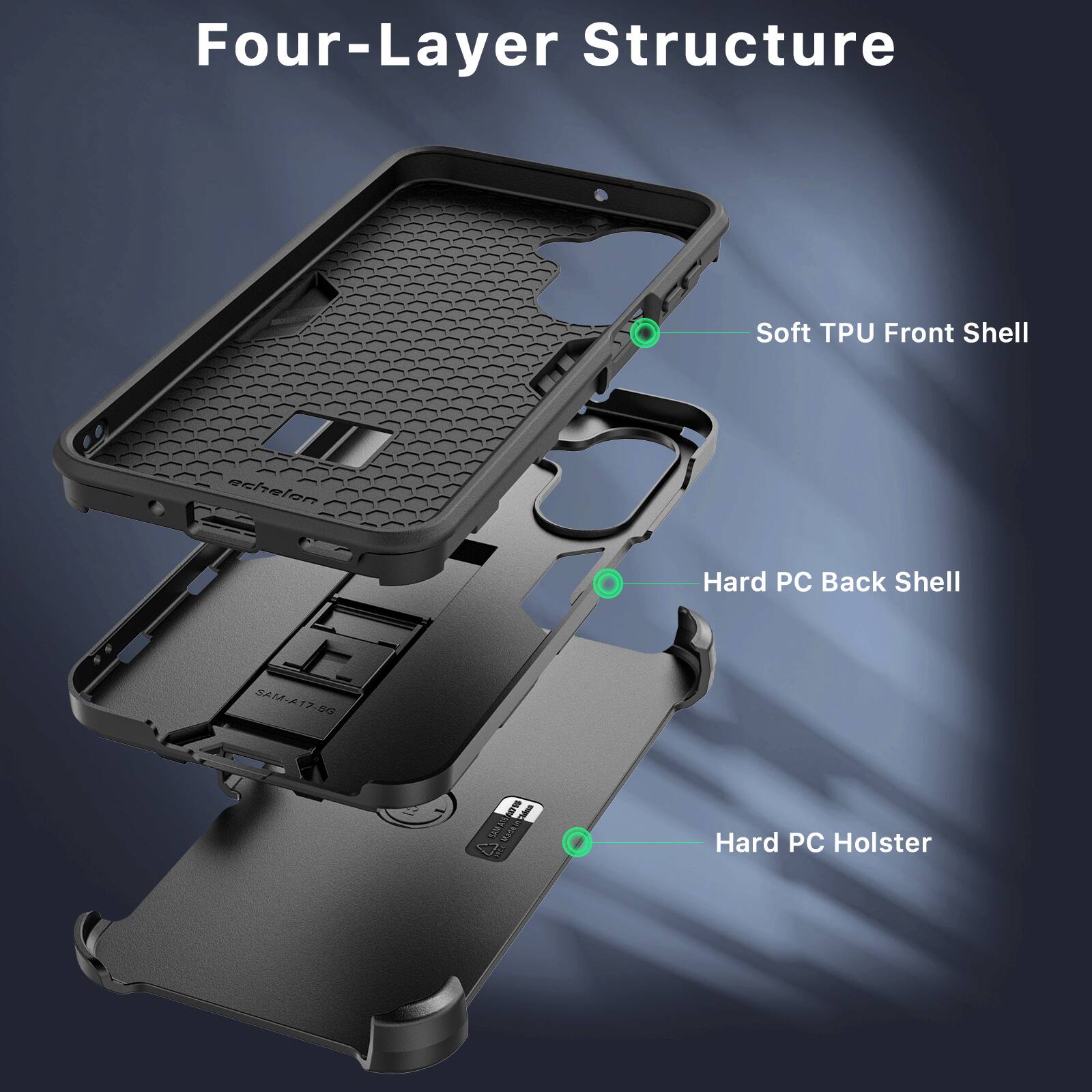 Four-Layer Structure

- Soft TPU Front Shell
- Hard PC Back Shell
- Hard PC Holster