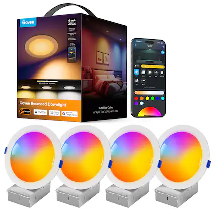 Govee 6 Inch 4 Pack
Govee Recessed Downlight
- 2700K-6500K Color Temperature
- 16 Million Colors
- A Style That's Unique to You
- Indoor
- Works with Alexa
- Works with Google Home
- 10:49 e
- LAP AP Control
- 16 Million Colors That's Unique to You
- A Style That's Unique to You