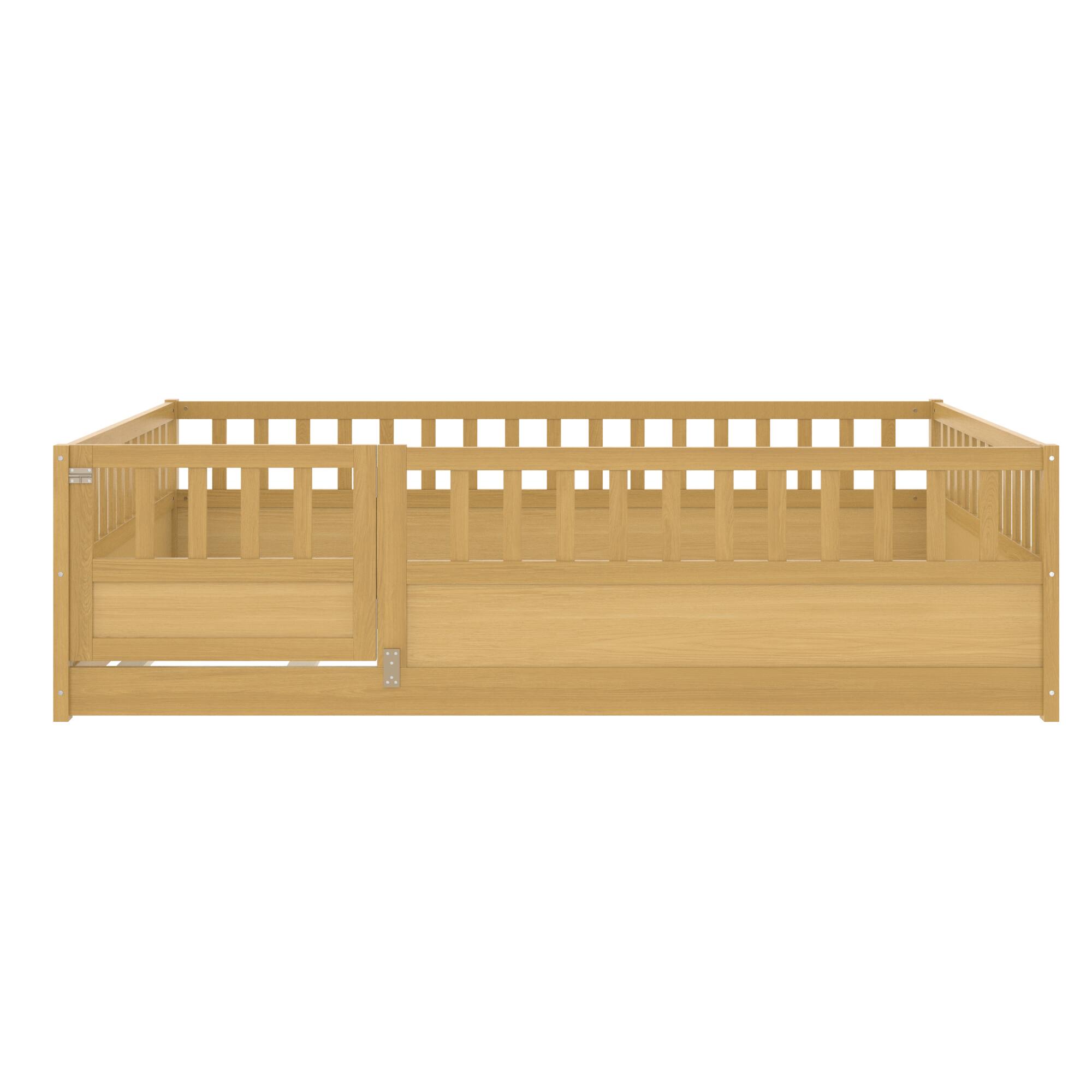 Alt View 4. GOODSILO - Full Size Floor Bed with High Security Barrier and Door for Children, Montessori Style Wooden Frame - Natural Wood.