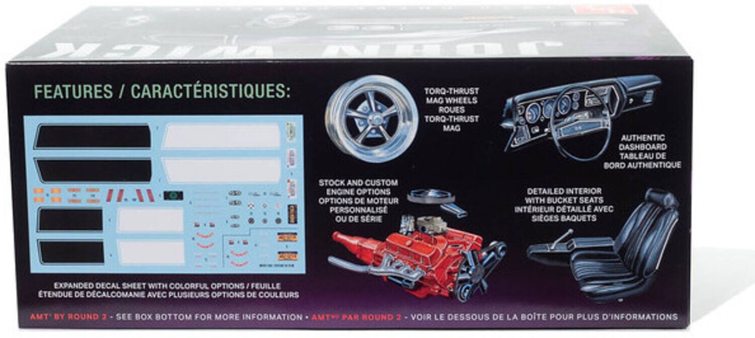 **FEATURES / CARACTÉRISTIQUES:**

- TORQ-THRUST MAG WHEELS ROUES TORQ-THRUST MAG
- AUTHENTIC DASHBOARD TABLEAU DE BORD AUTHENTIQUE
- 2 STOCK AND CUSTOM ENGINE OPTIONS OPTIONS DE MOTEUR PERSONNALISÉ OU DE SÉRIE
- DETAILED INTERIOR WITH BUCKET SEATS INTÉRIEUR DÉTAILLÉ AVEC SIÈGES BAQUETS
- EXPANDED DECAL SHEET WITH COLORFUL OPTIONS FEUILLE TENDUE DE DÉCALCOMANIE AVEC PLUSIEURS OPTIONS DE COULEURS

**TMA BY ROUND 2 - SEE BOX BOTTOM FOR MORE INFORMATION**  
**AMT PAR ROUND 2 - VOIR LE DESSOUS DE LA BOÎTE POUR PLUS D'INFORMATIONS**