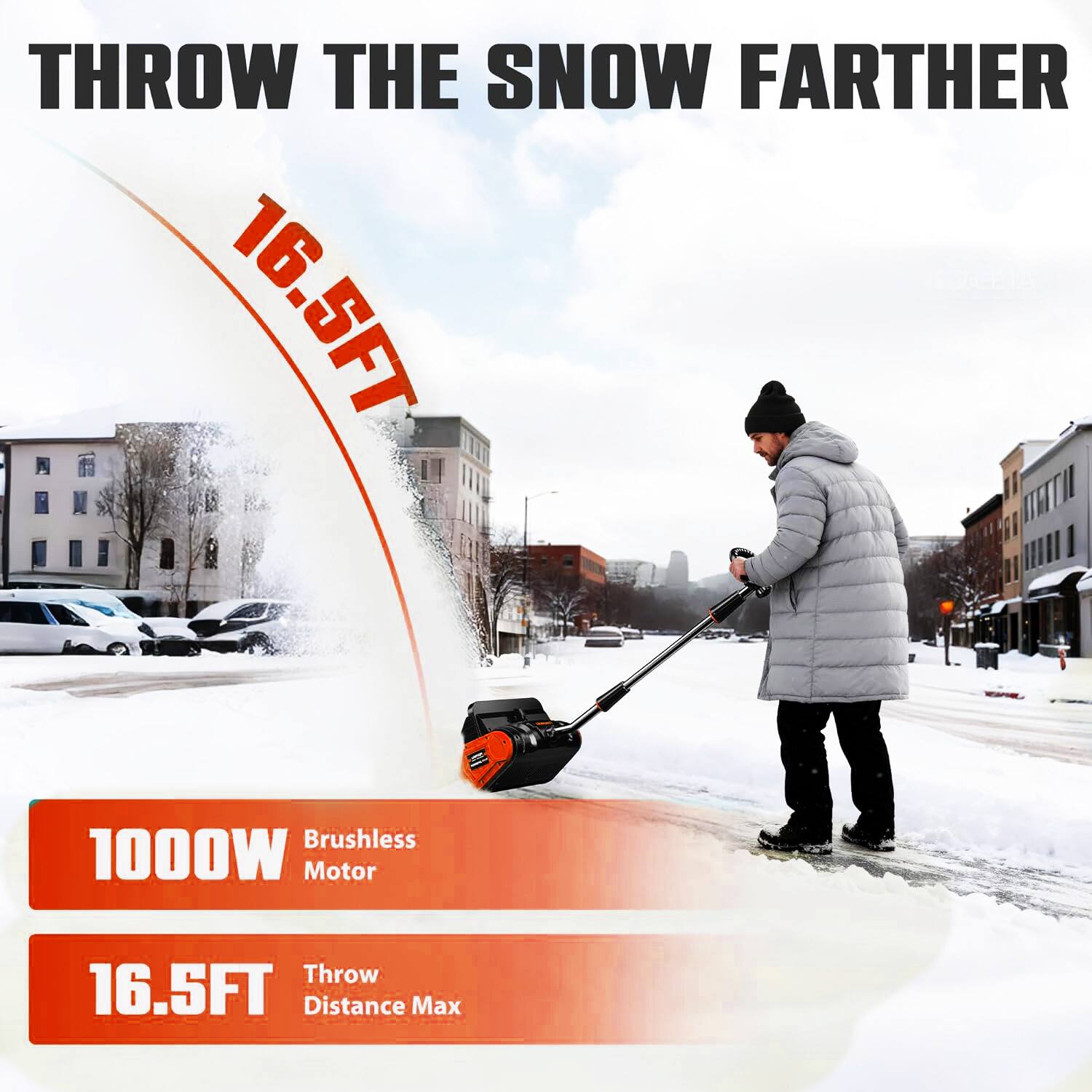 THROW THE SNOW FARTHER

16.5FT

1000W Brushless Motor

16.5FT Throw Distance Max