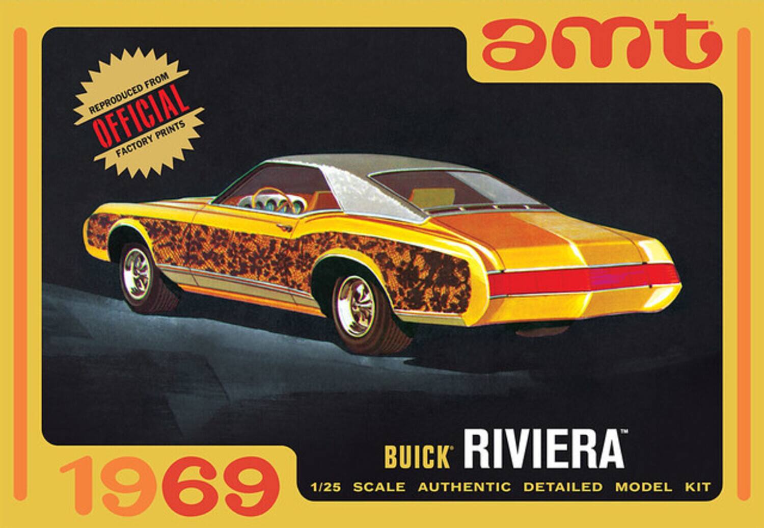 From reproduced official factory prints, AMT Buick Riviera 1969 1/25 scale authentic detailed model kit.