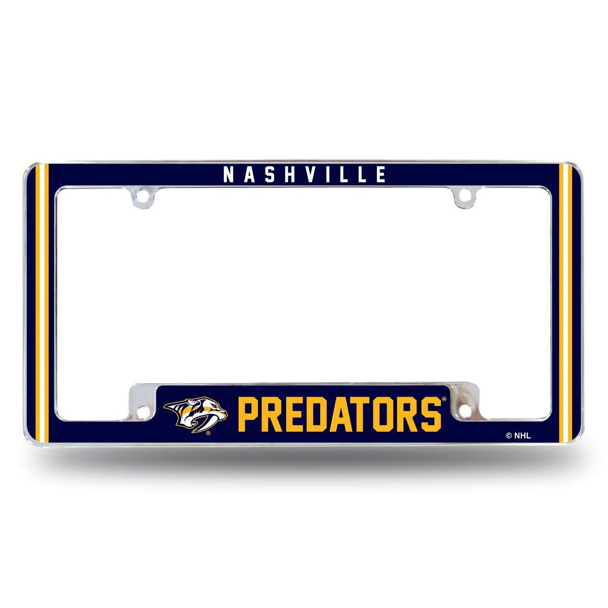 Nashville Predators Chrome Metal License Plate Frame with Full Frame Team Color Graphics