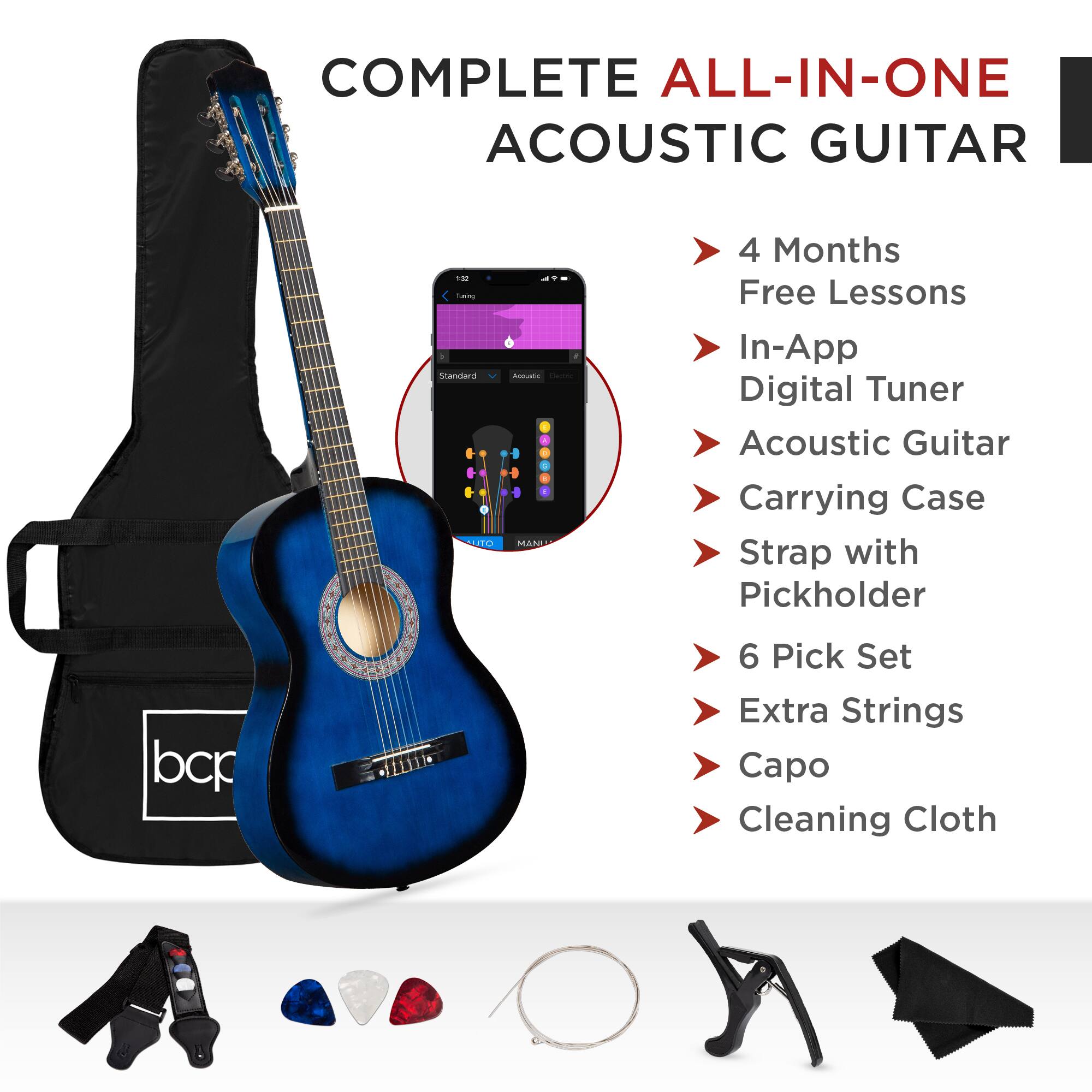 COMPLETE ALL-IN-ONE ACOUSTIC GUITAR

- 4 Months Free Lessons
- In-App Digital Tuner
- Acoustic Guitar
- Carrying Case
- Strap with Pickholder
- 6 Pick Set
- Extra Strings
- Capo
- Cleaning Cloth