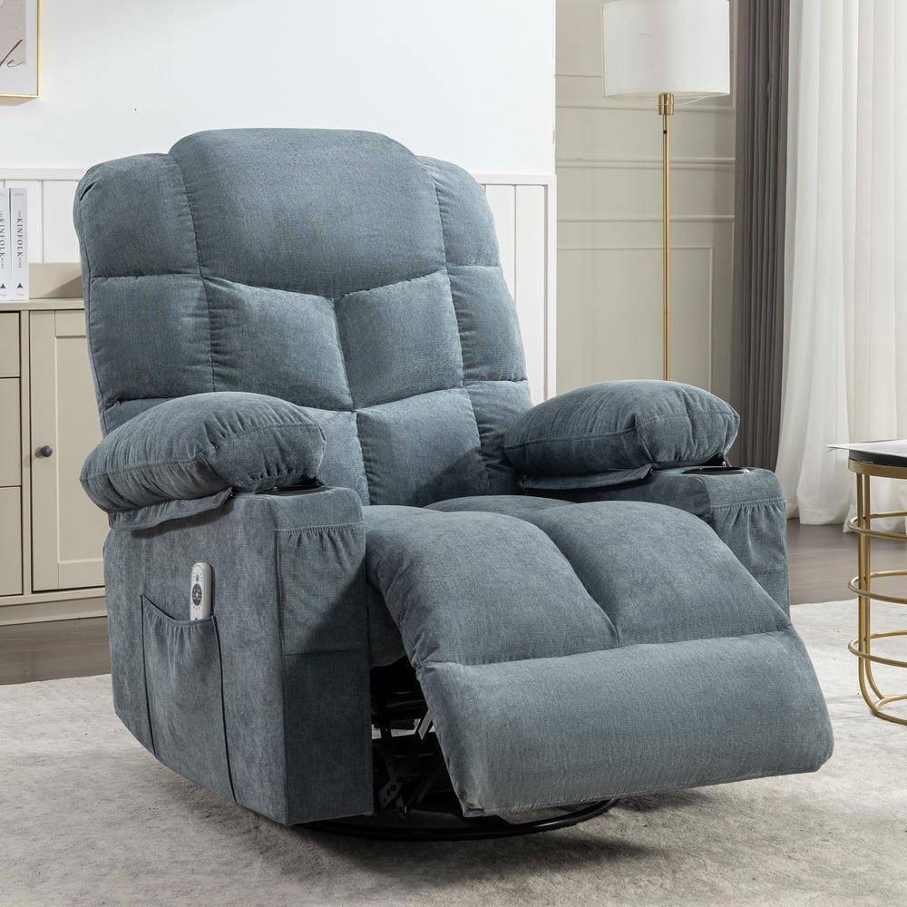 Kadyn - Massage Rocker Recliner Chair, 8-Point Vibration & Heat, 150° Recline, USB Port, Cup Holders - Blue