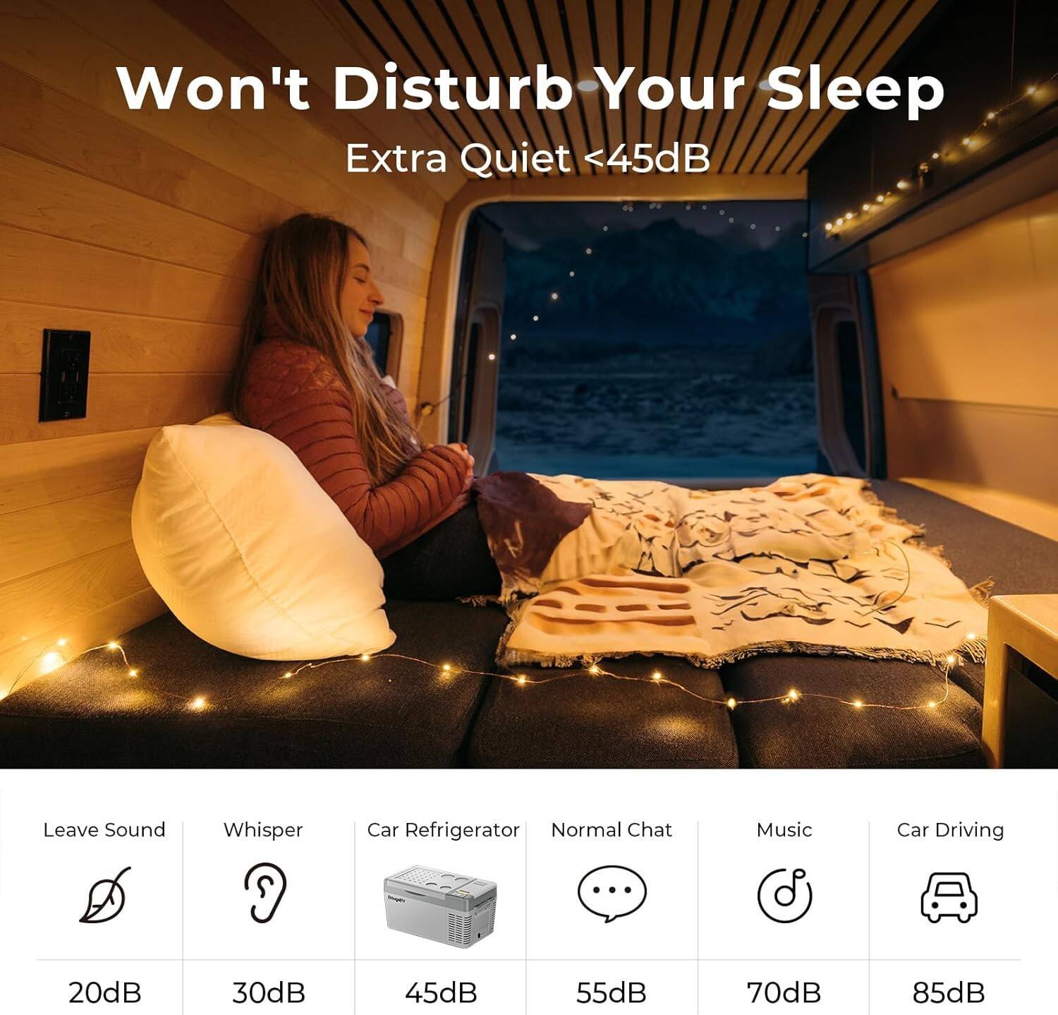 Won't Disturb Your Sleep  
Extra Quiet <45dB

Leave Sound: 20dB  
Whisper: 30dB  
Car Refrigerator: 45dB  
Normal Chat: 55dB  
Music: 70dB  
Car Driving: 85dB