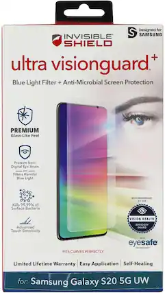 Designed for INVISIBLE SHIELD ultra visionguard+
Blue Light Filter + Anti-Microbial Screen Protection
PREMIUM Glass-Like Feel
Protects from Digital Eye Strain and Filters Harmful Blue Light
Kills 99.99% of Surface Bacteria
Advanced Touch Sensitivity
FITS CURVES PERFECTLY
RECOMMENDED BY THE VISION HEALTH ADVISORY BOARD WITH eyesafe TECHNOLOGY
Limited Lifetime Warranty
Easy Application
Self-Healing
for: Samsung Galaxy S20 5G UW