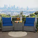 Front. Gymax - Gymax 3PCS Patio Rattan Sofa Set Outdoor Wicker Conversation Set Glass Tabletop w/ Navy Cushion - Navy.