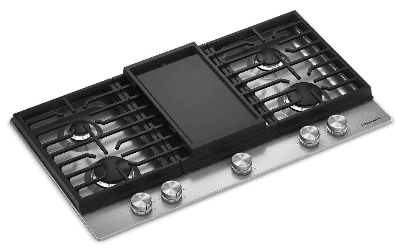 Angle. KitchenAid - 36 in. Wide 5 burners Gas Cooktop with Integrated Wok Grate - Stainless Steel.