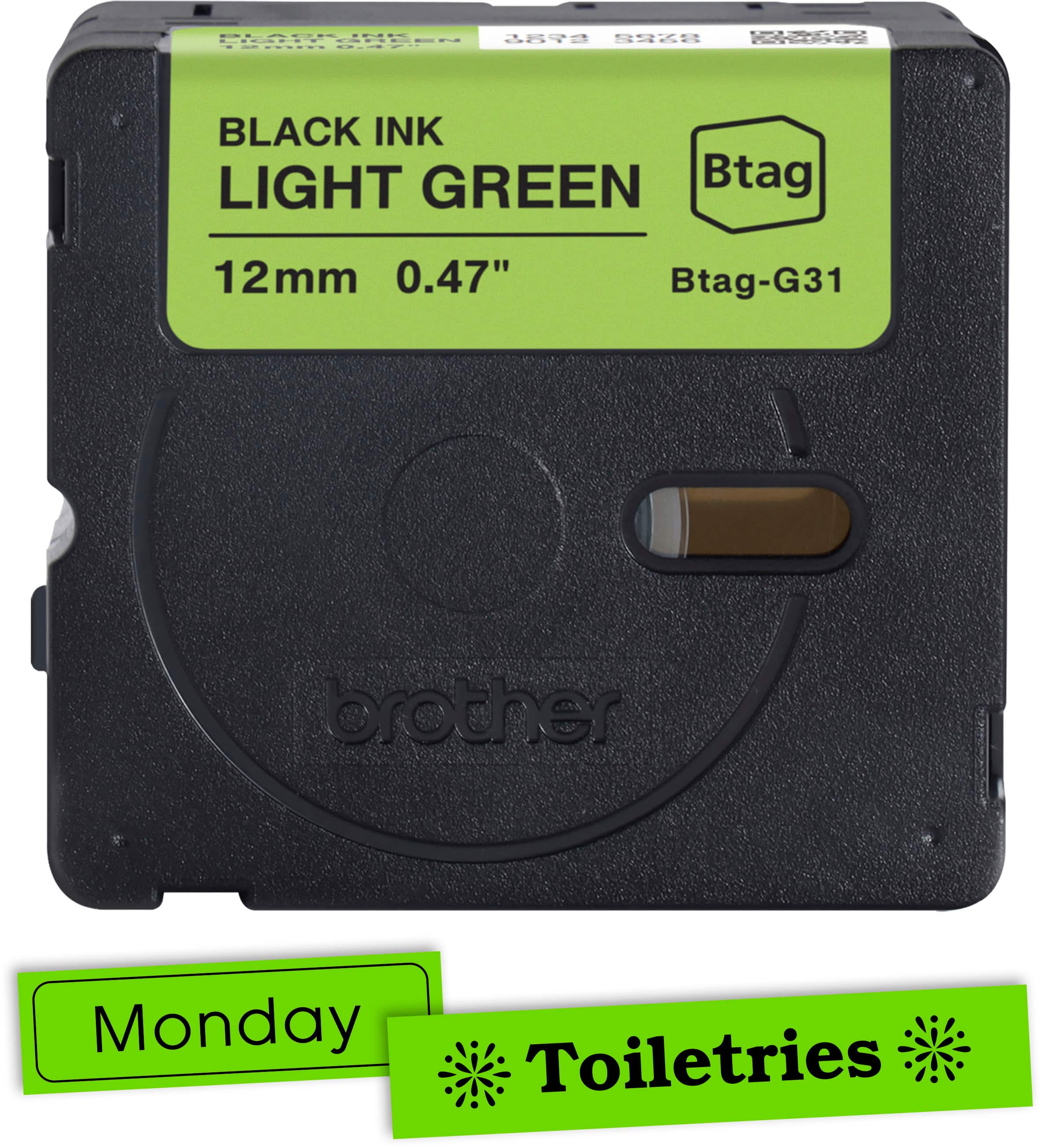 The text on the image reads: "Black Ink Light Green 12mm 0.47" Btag-G31 or other Monday Toiletries."