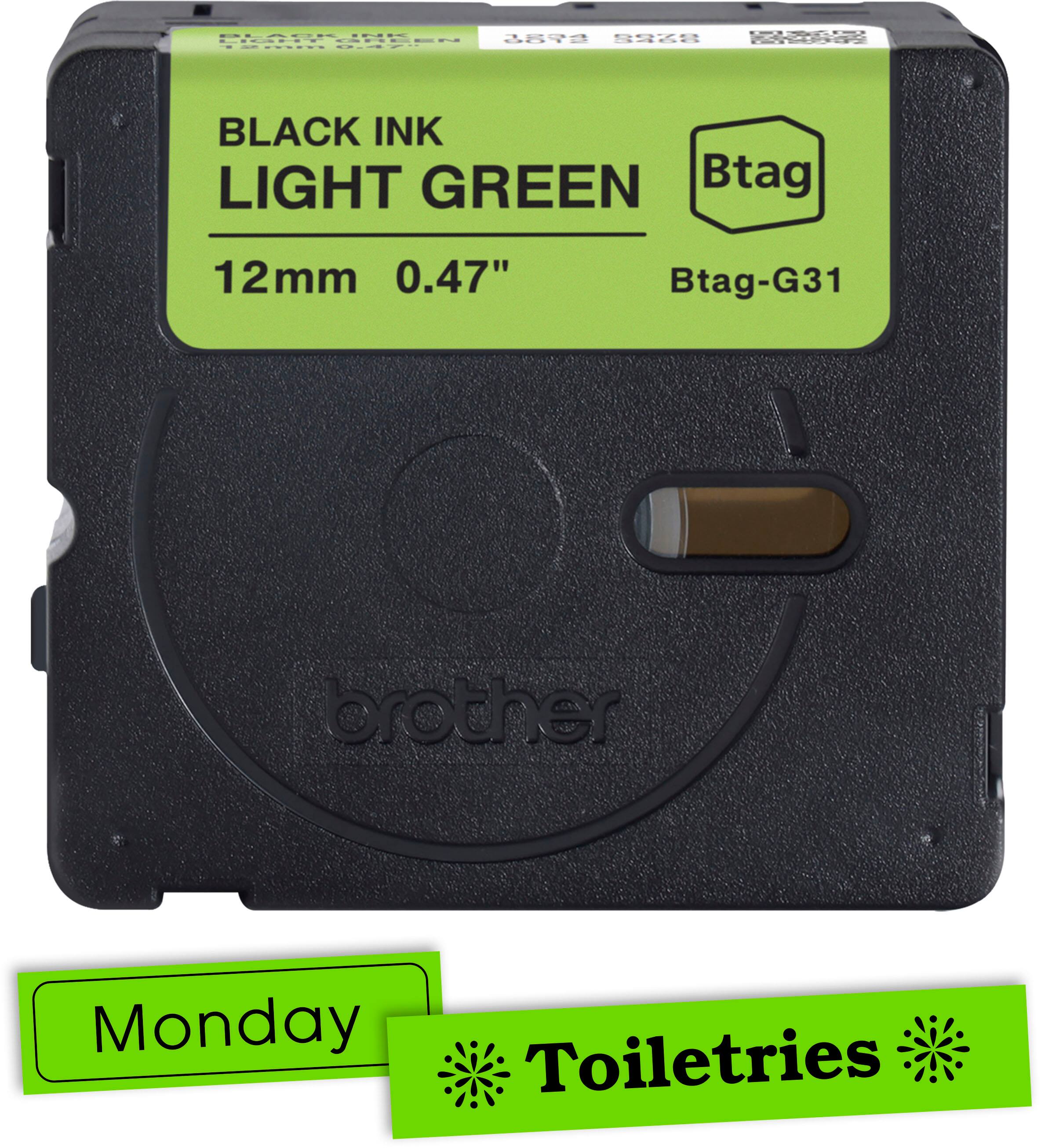 The text on the image reads: "Black Ink Light Green 12mm 0.47" Btag-G31 or other Monday Toiletries."