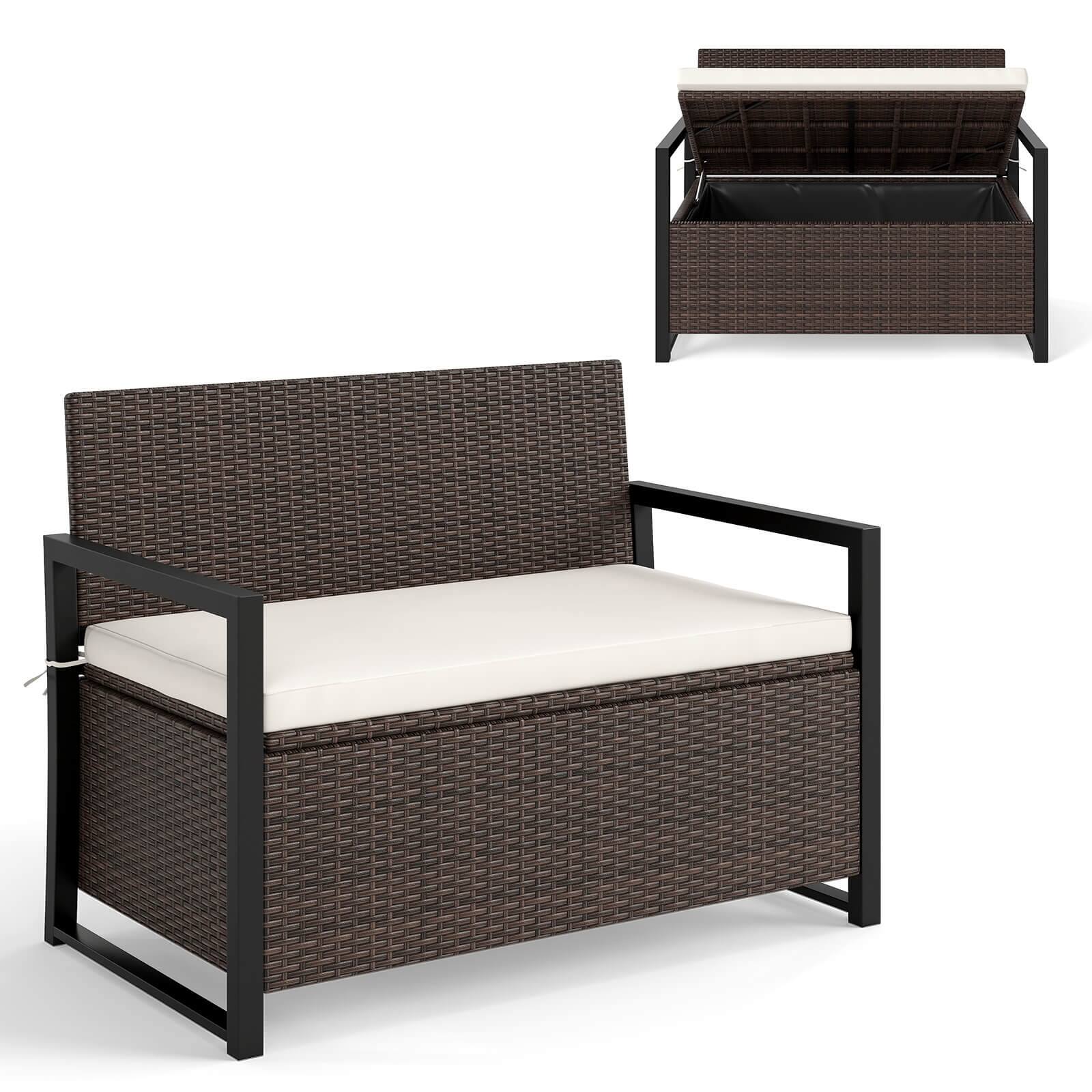 Alt View 9. Costway - Costway Patio Storage Bench Wicker Loveseat with Built-in Storage & Long Seat Cushion - Brown.