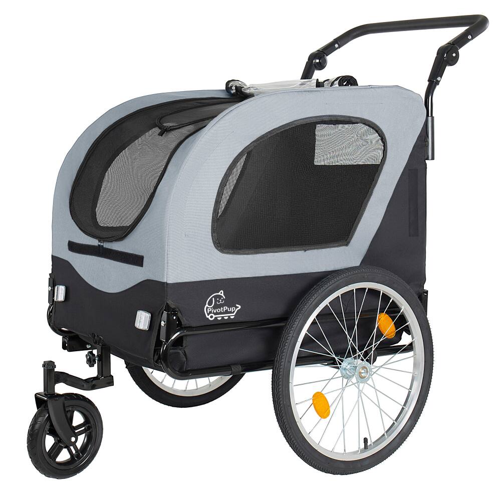 Left. JUJABU - 2-in-1 Foldable Pet Carrier Cart for Dogs up to 110lbs with Front Caster, Gray.