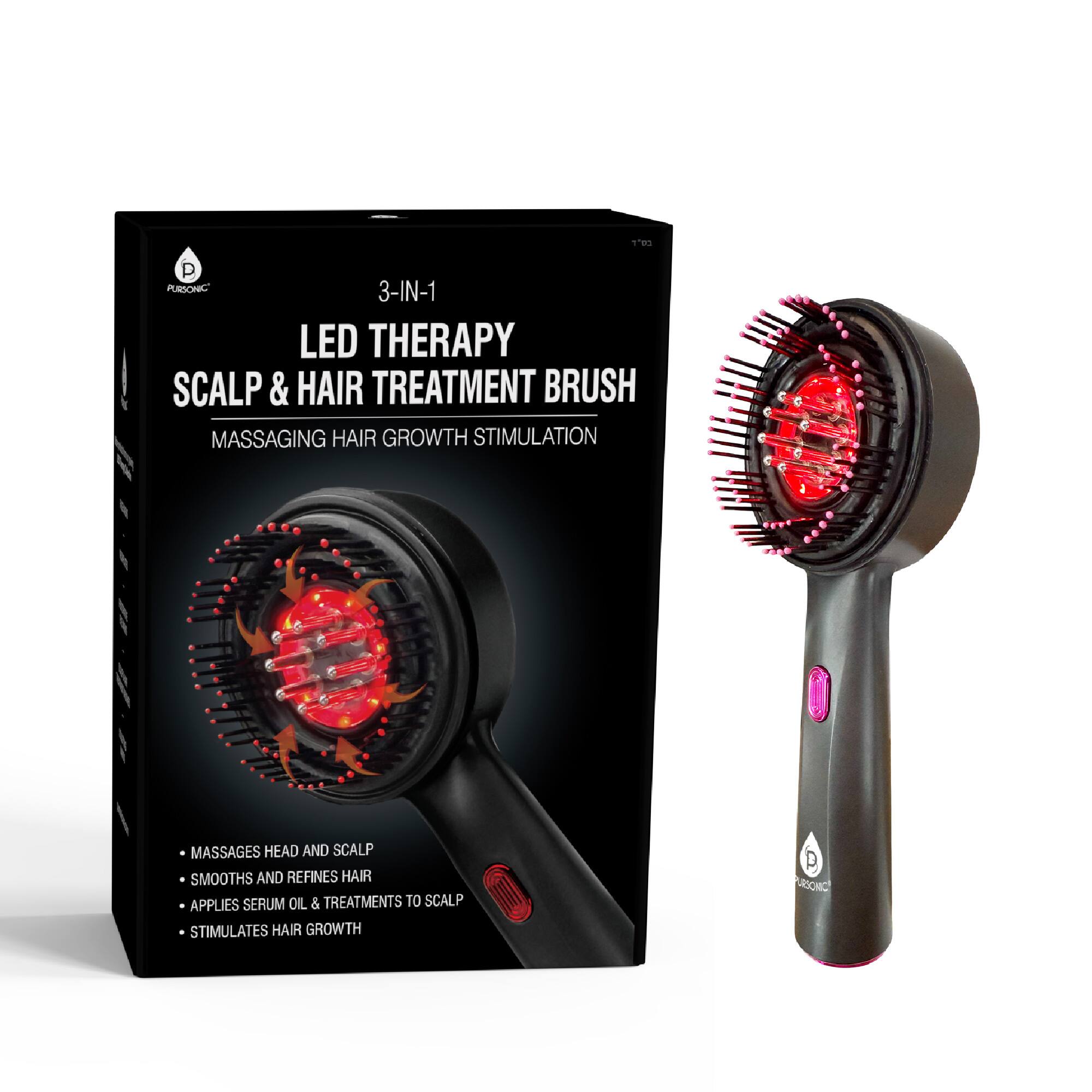 1w PURBONG 3-IN-1 LED THERAPY SCALP & HAIR TREATMENT BRUSH MASSAGING HAIR GROWTH STIMULATION MASSAGES HEAD AND SCALP SMOOTHS AND REFINES HAIR APPLIES SERUM OIL & TREATMENTS TO SCALP STIMULATES HAIR GROWTH