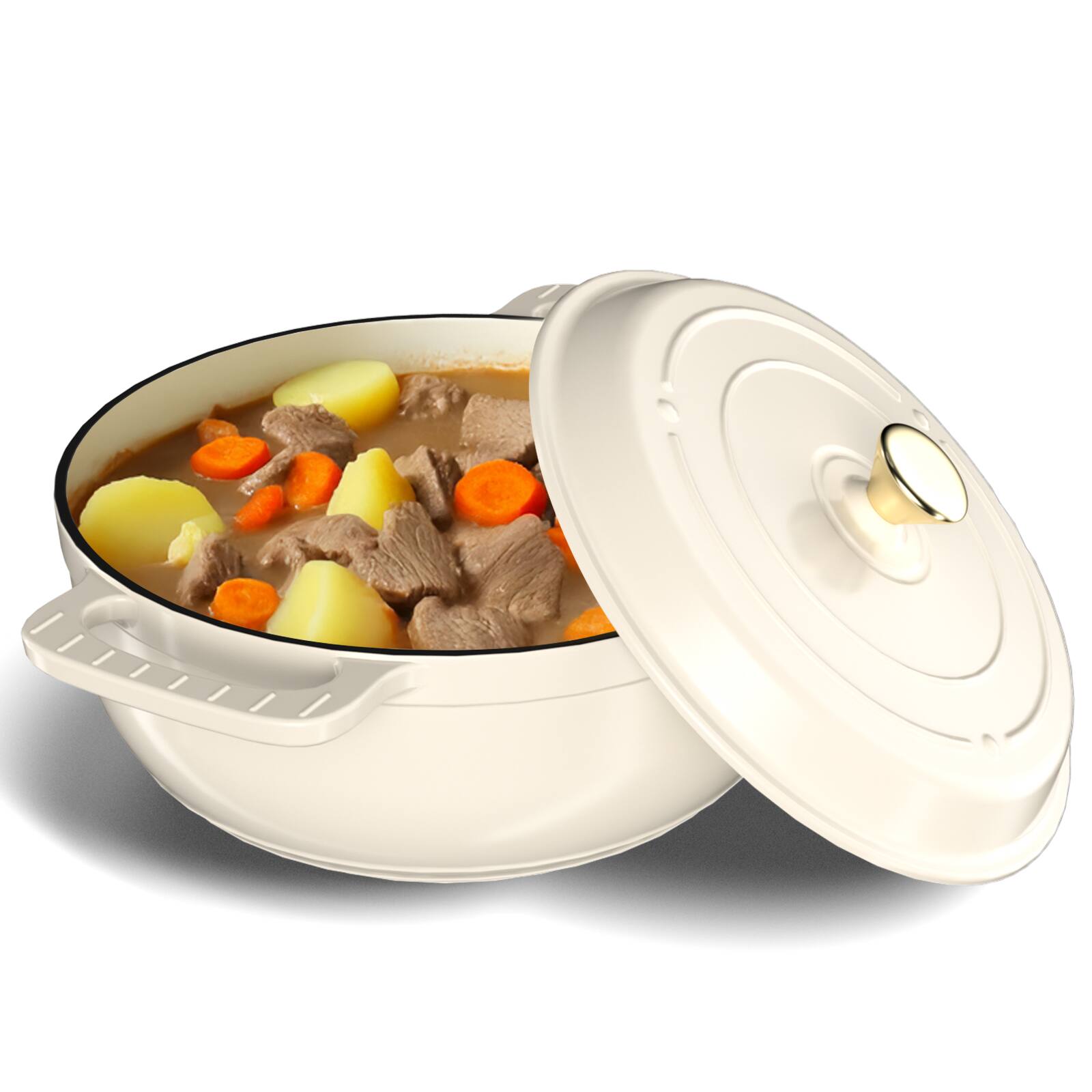 Angle. Winado - 7.5QT Dutch Oven Enameled Cast Iron Bread Oven w/ Moisture-Lock Lid for Sourdough Baking & Cooking, Oven & Stovetop Safe - Cream White.