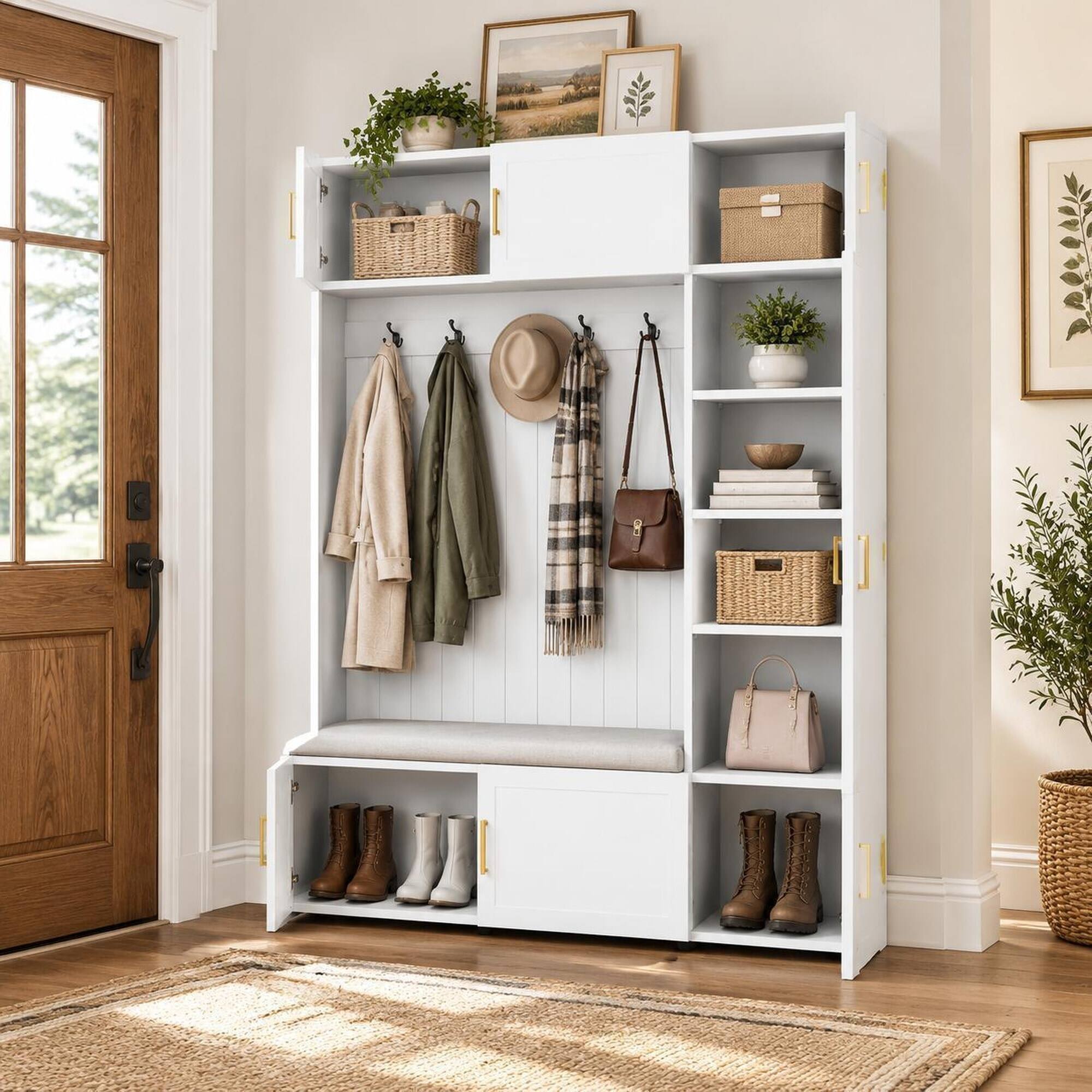 Back. RYHNUYNE - U-Can 4-in-1 Hall Tree, Padded Bench, 4 Hooks, Multi-Tier Shelves, MDF, 79.72 in H - Ancient White.