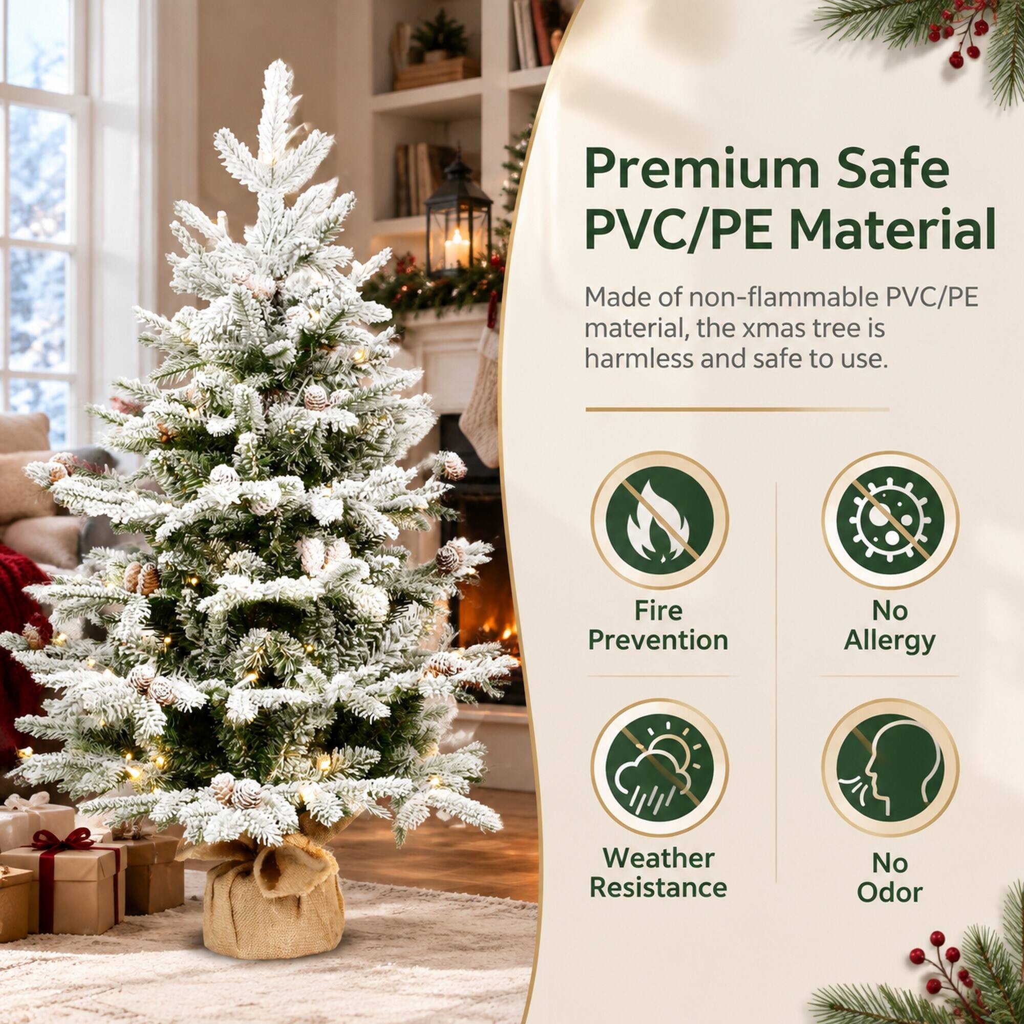Premium Safe PVC/PE Material  
Made of non-flammable PVC/PE material, the xmas tree is harmless and safe to use.  

Fire Prevention  
No Allergy  
Weather Resistance  
No Odor