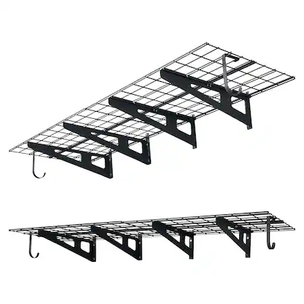 Front. VEVOR - 2-Tier Heavy Duty Wall Garage Shelving, 8 Pack 1 x 3 ft Steel Wall Mounted Shelving Unit with Hooks - Black.