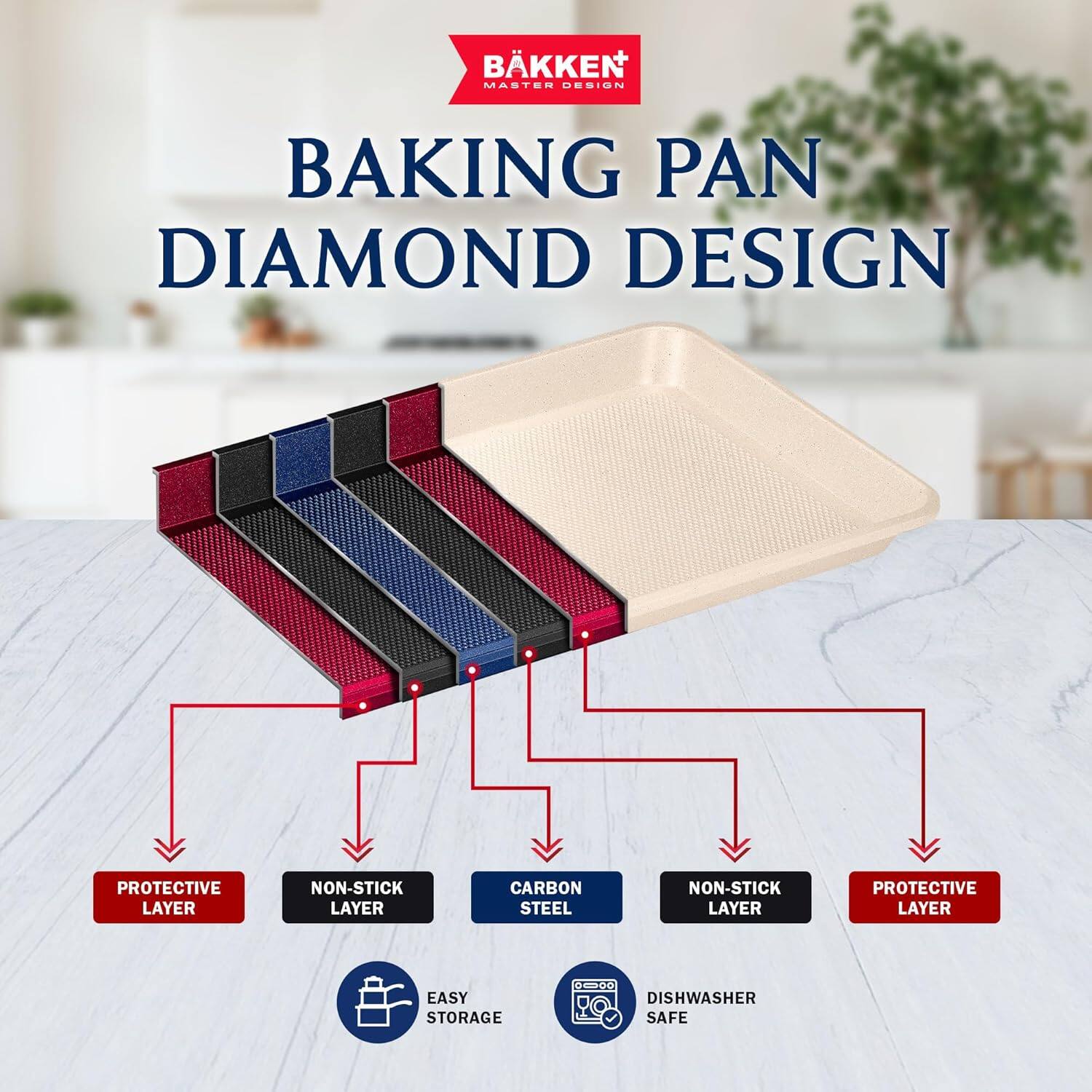 BKKEN MASTER DESIGN BAKING PAN DIAMOND DESIGN PROTECTIVE LAYER NON-STICK LAYER CARBON STEEL NON-STICK LAYER PROTECTIVE LAYER EASY STORAGE DISHWASHER SAFE
