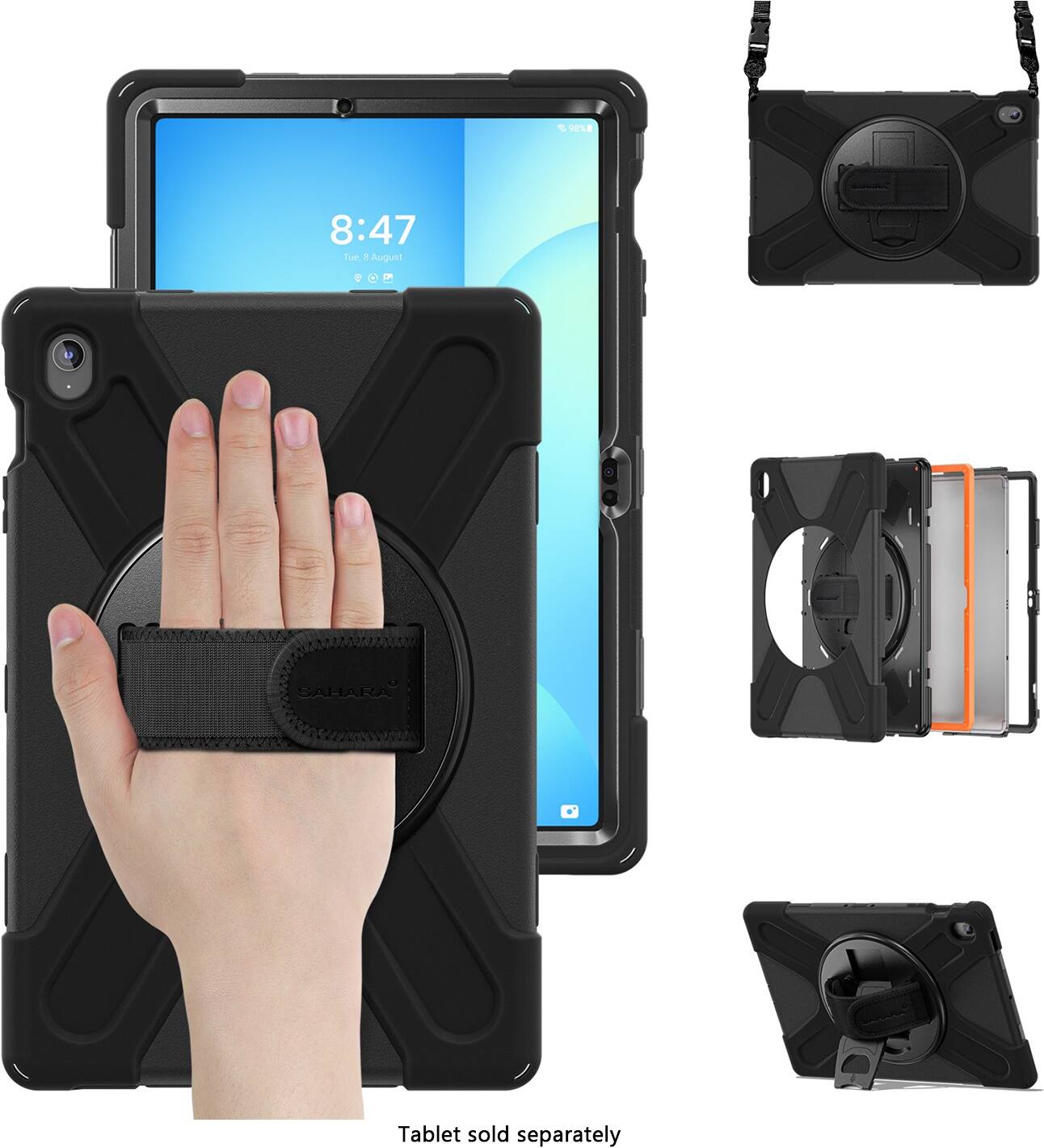 The image features a tablet and a case, with the tablet displaying the time 8:47. The tablet is being held by a person, and the case is placed next to it. The case is designed to protect the tablet and is available for purchase separately. The image also shows a strap and a wallet, which are additional accessories for the tablet.