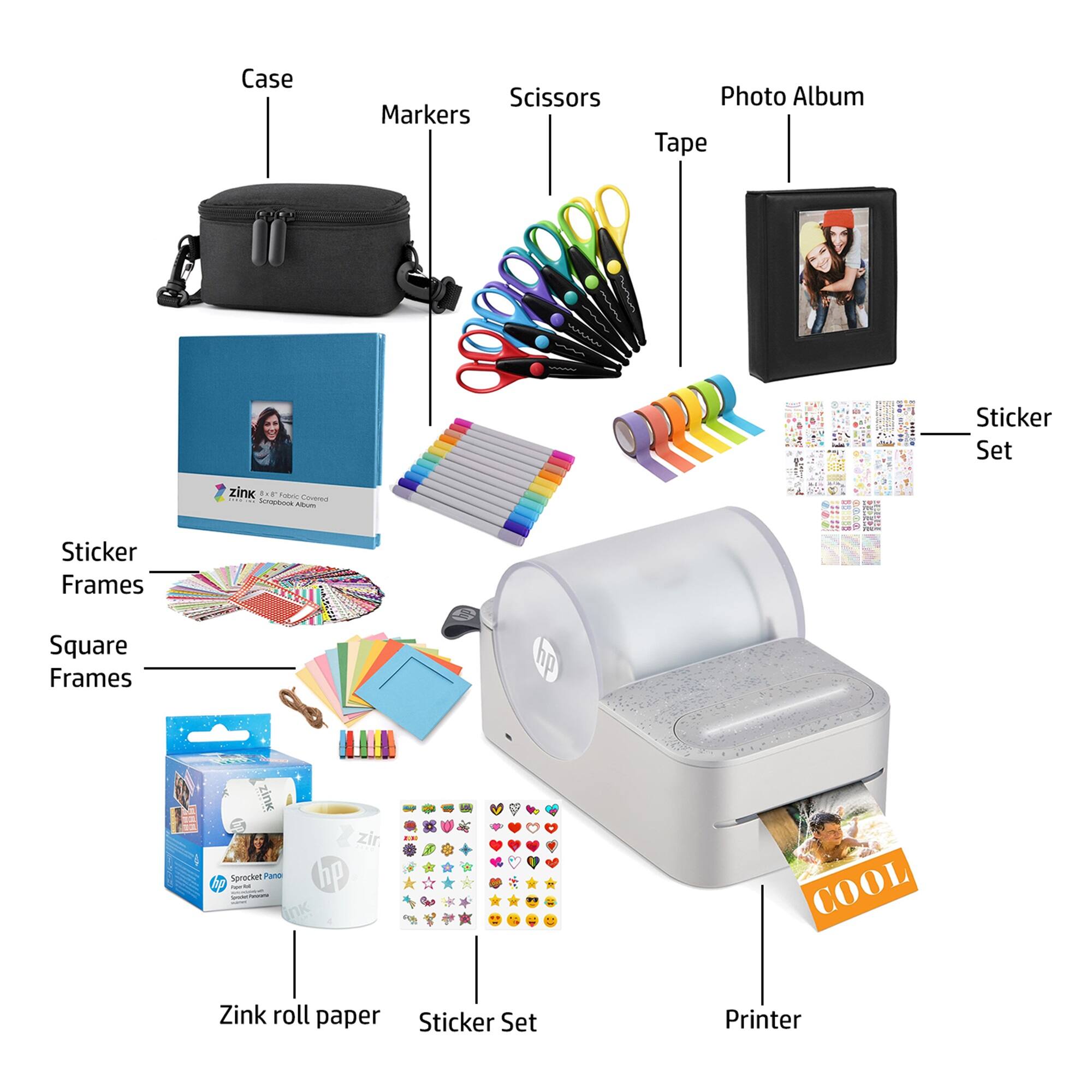 - Case
- Markers
- Scissors
- Photo Album
- Tape
- Sticker Set
- Sticker Frames
- Square Frames
- Zink roll paper
- Printer

- hp
- zink
- Serocker
- Pam
- COOL