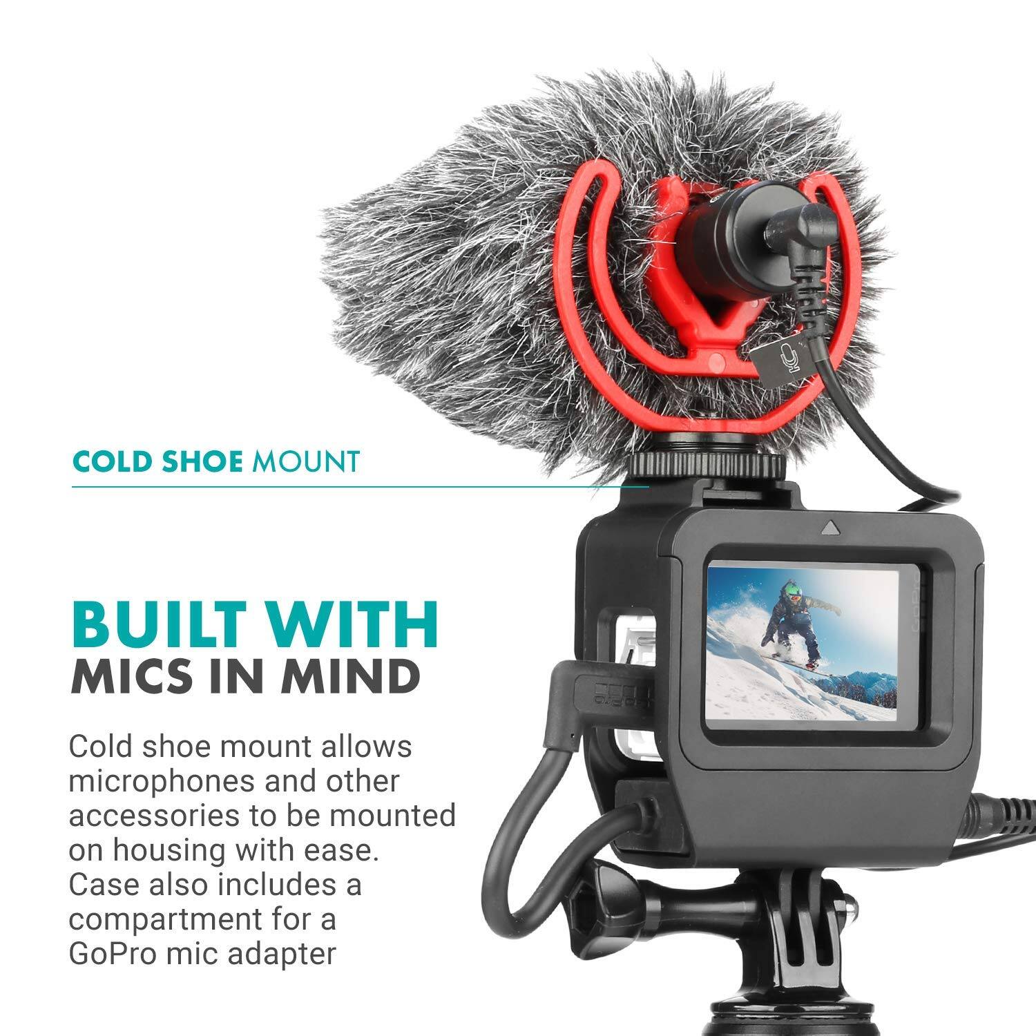 COLD SHOE MOUNT  
BUILT WITH MICS IN MIND  

Cold shoe mount allows microphones and other accessories to be mounted on housing with ease. Case also includes a compartment for a GoPro mic adapter.