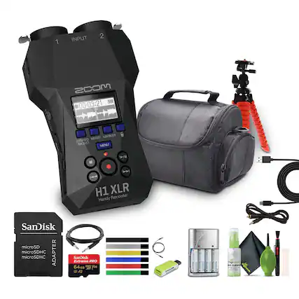 1. INPUT 2
2. ZOOM H1 XLR Handy Recorder
3. 00:03:21
4. STEREO / MONO MIXER MARKER
5. MENU
6. SanDisk microSD microSDHC microSDXC ADAPTER
7. SanDisk Extreme PRO 64GB A2
8. Cilt S - L
9. Degenerda CLEANER
10. USB Cable
11. Power Bank
12. Batteries
13. Cleaning Kit (including lens cleaner and microfiber cloth)
14. Tripod
15. Carrying Case