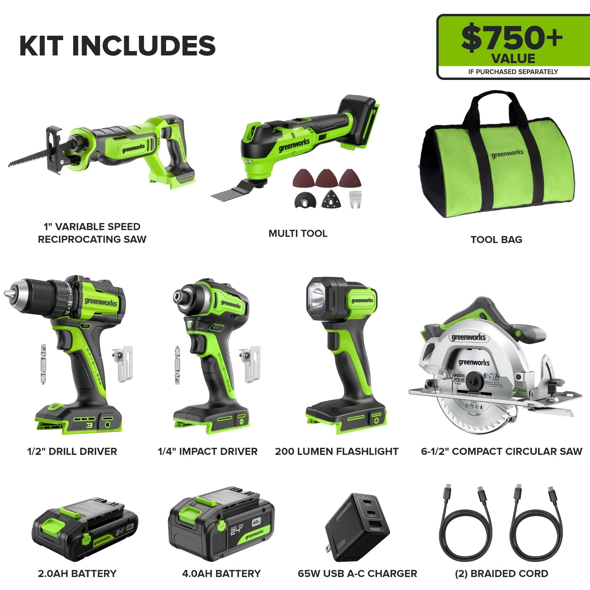 KIT INCLUDES

- 1" VARIABLE SPEED RECIPROCATING SAW
- MULTI TOOL
- TOOL BAG
- 1/2" DRILL DRIVER
- 1/4" IMPACT DRIVER
- 200 LUMEN FLASHLIGHT
- 6-1/2" COMPACT CIRCULAR SAW
- 2.0AH BATTERY
- 4.0AH BATTERY
- 65W USB A-C CHARGER
- (2) BRAIDED CORD

$750+ VALUE IF PURCHASED SEPARATELY