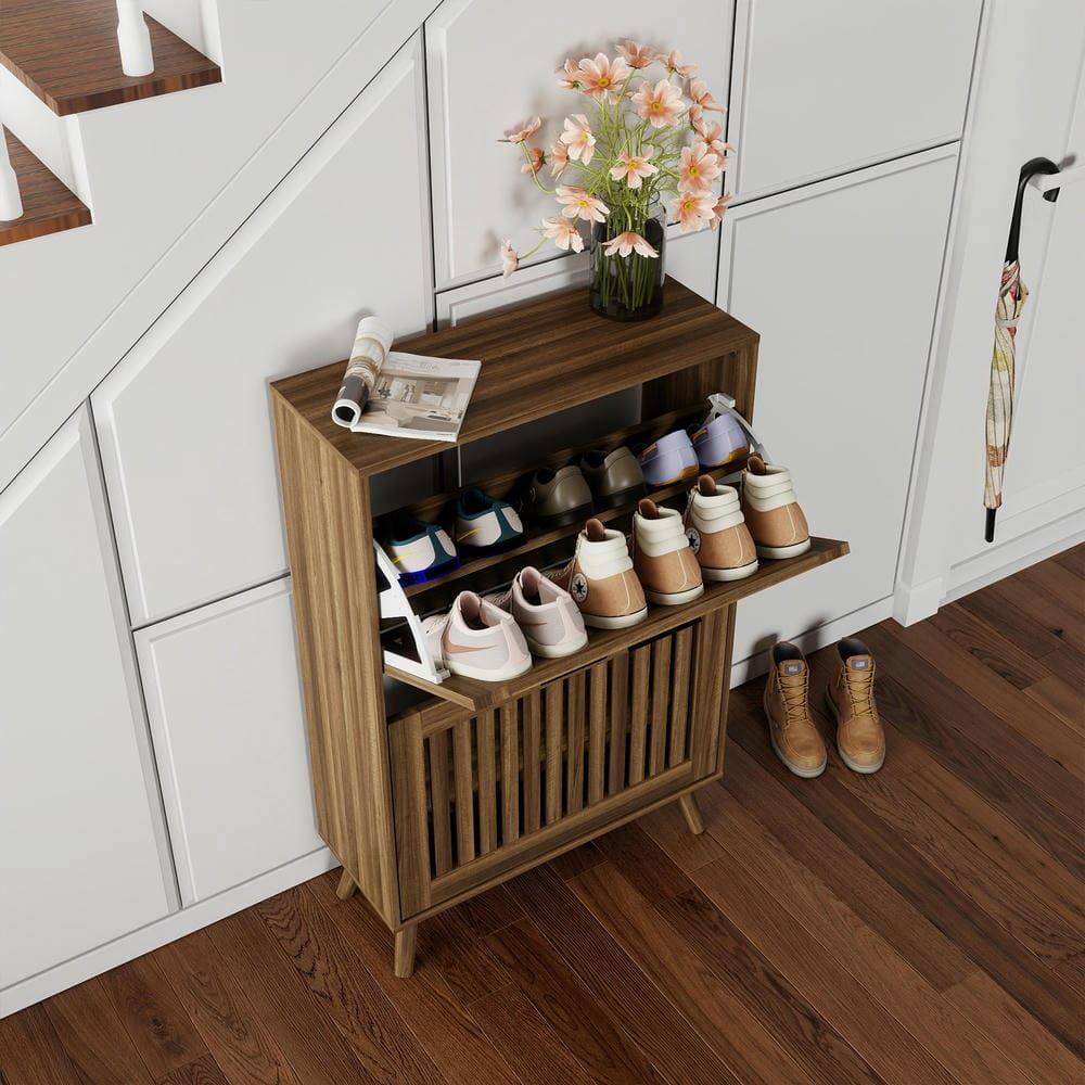 Alt View 5. Kadyn - Resenkos 23.6-Inch Modern Shoe Storage Cabinet with Adjustable Louvered Doors - Walnut - Brown.