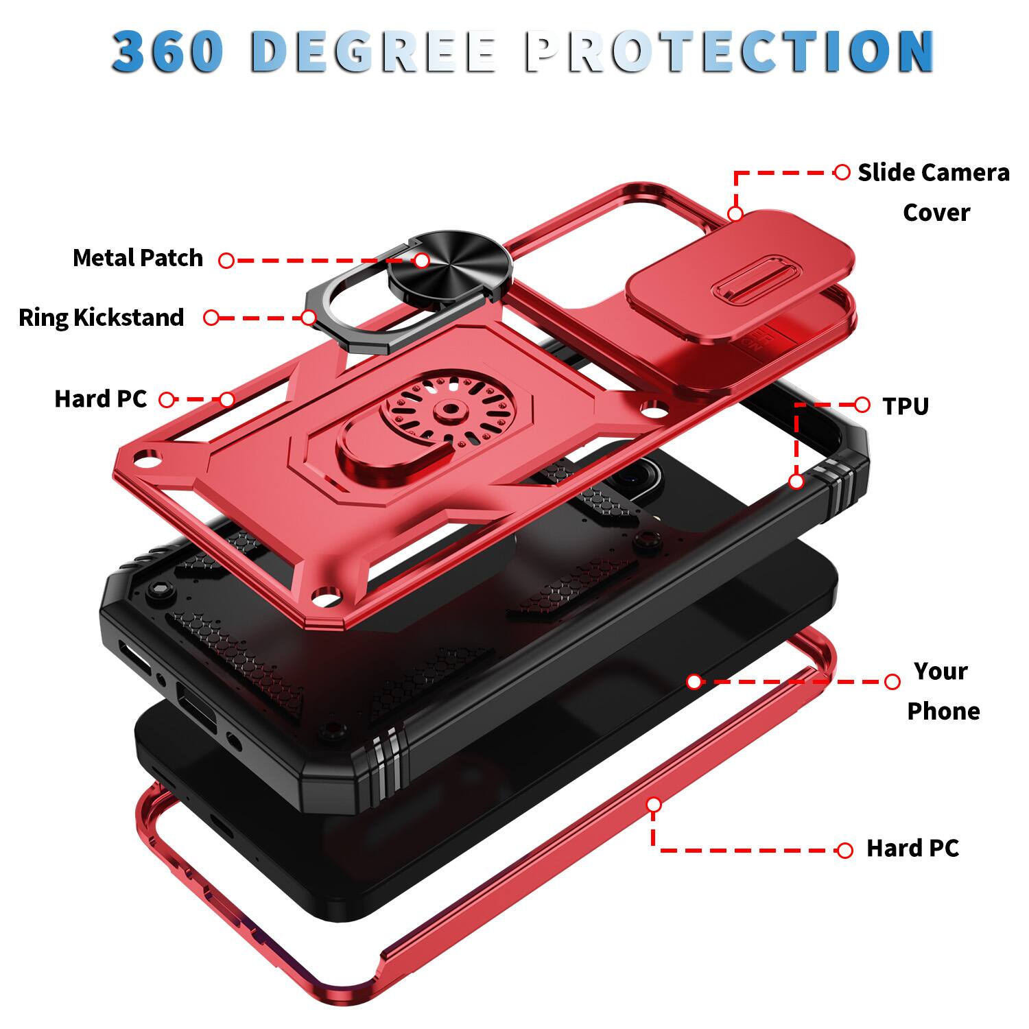360 DEGREE PROTECTION

- Slide Camera Cover
- Metal Patch
- Ring Kickstand
- Hard PC
- TPU
- Your Phone
- Hard PC