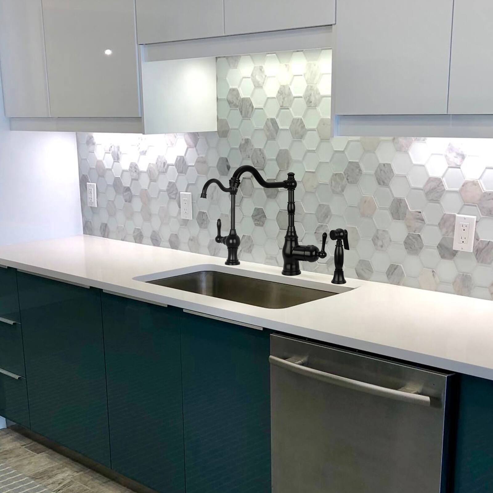 Alt View 6. Akicon - Akicon Solid Brass One-Handle 360° Swivel Widespread Kitchen Faucet with Side Spray in Matte Black - Matte Black.