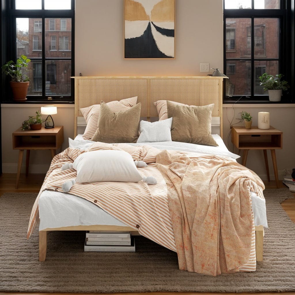 Kadyn - Platform Bed Frame, Bedroom Bed Frame,Twin/Full/Queen Size Bed Frame with Rattan Headboard-Queen Size - Beige