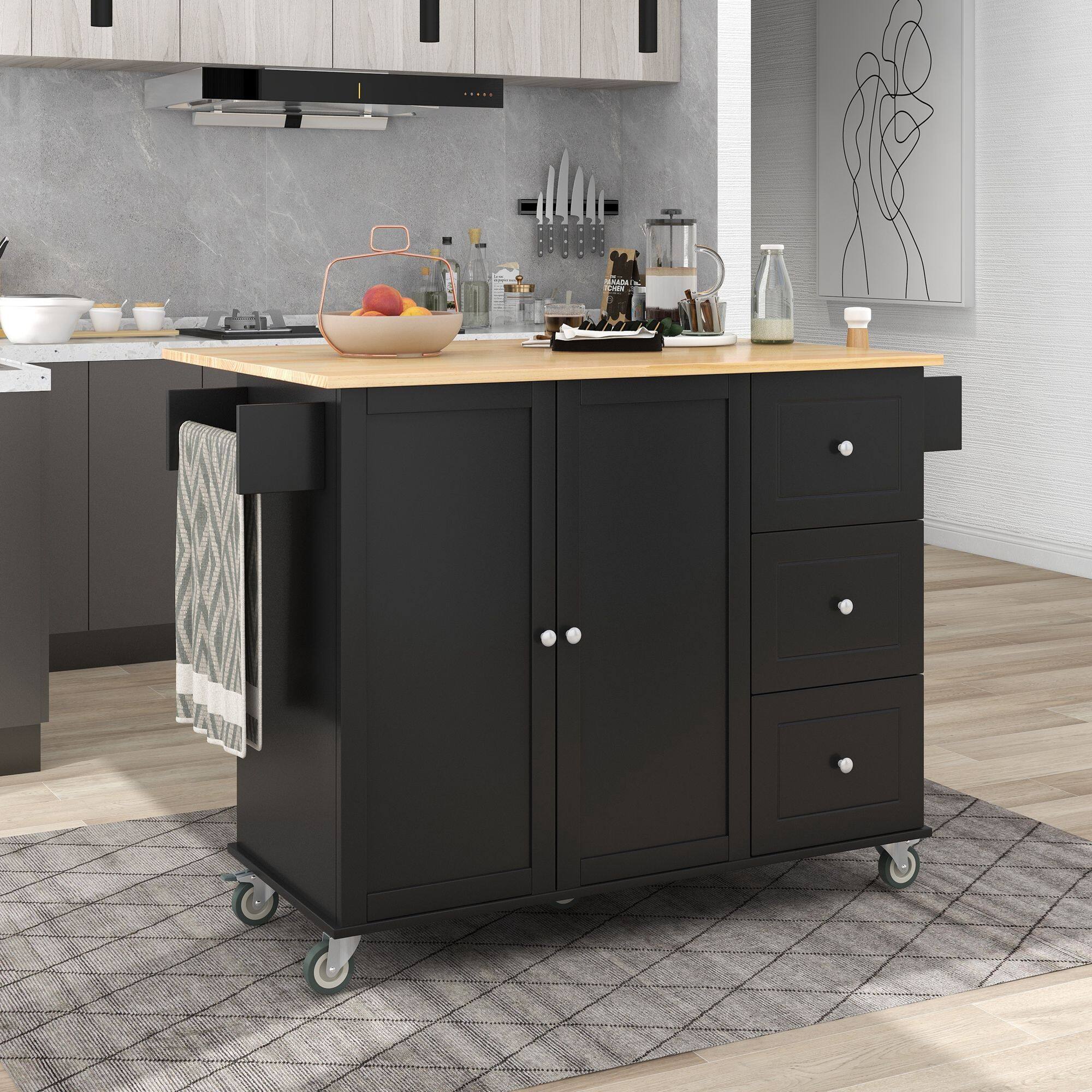 Left. Mirfee - 52.7" Mobile Kitchen Island with Solid Wood Top, Locking Wheels, Drop Leaf, Spice Rack - Black.