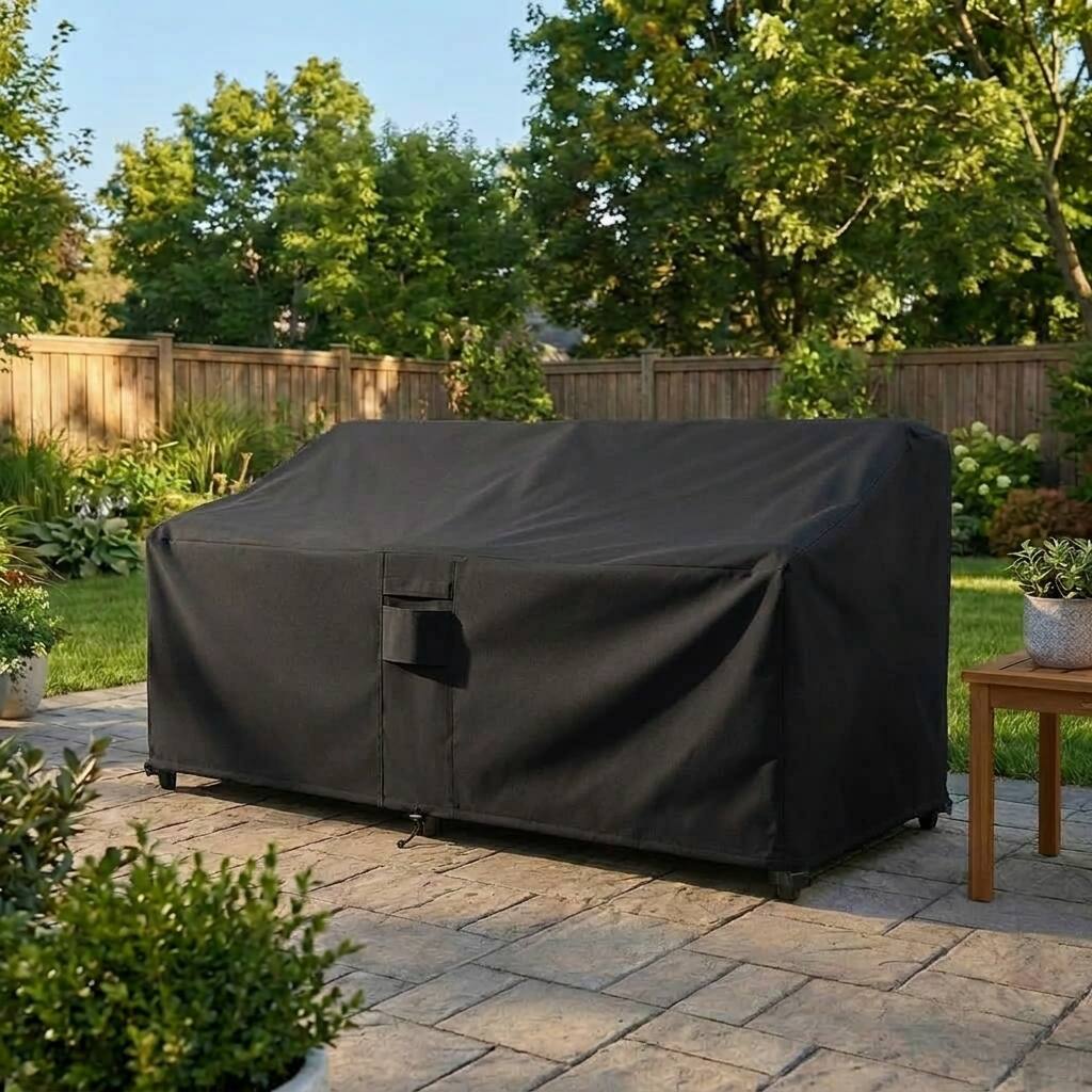 Angle. KHOMO GEAR - Heavy-Duty Patio Sofa Cover, Waterproof Outdoor Furniture Protector, Fade & Weather Resistant – 32.5" H x 58" W x 31" - Black.