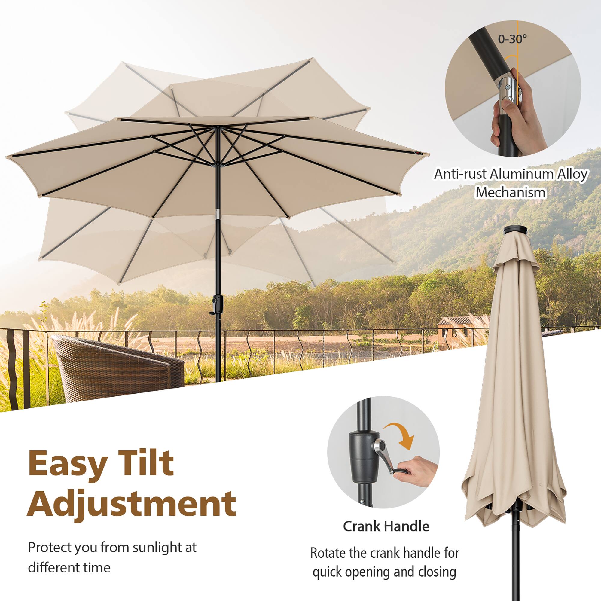 0-30 Anti-rust Aluminum Alloy Mechanism, Easy Tilt Adjustment, Crank Handle, Rotate the crank handle for quick opening and closing, Protect you from sunlight at different time