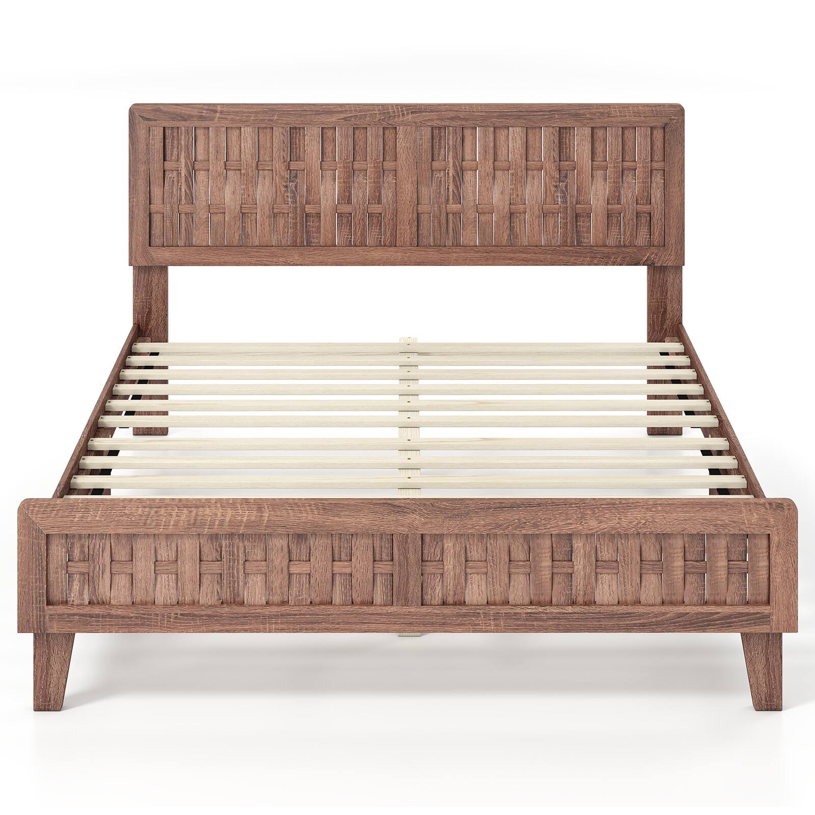Front. Costway - Costway Queen Size Bed Frame with Woven Accent Headboard & Footboard, Wooden Slat Support - Walnut.