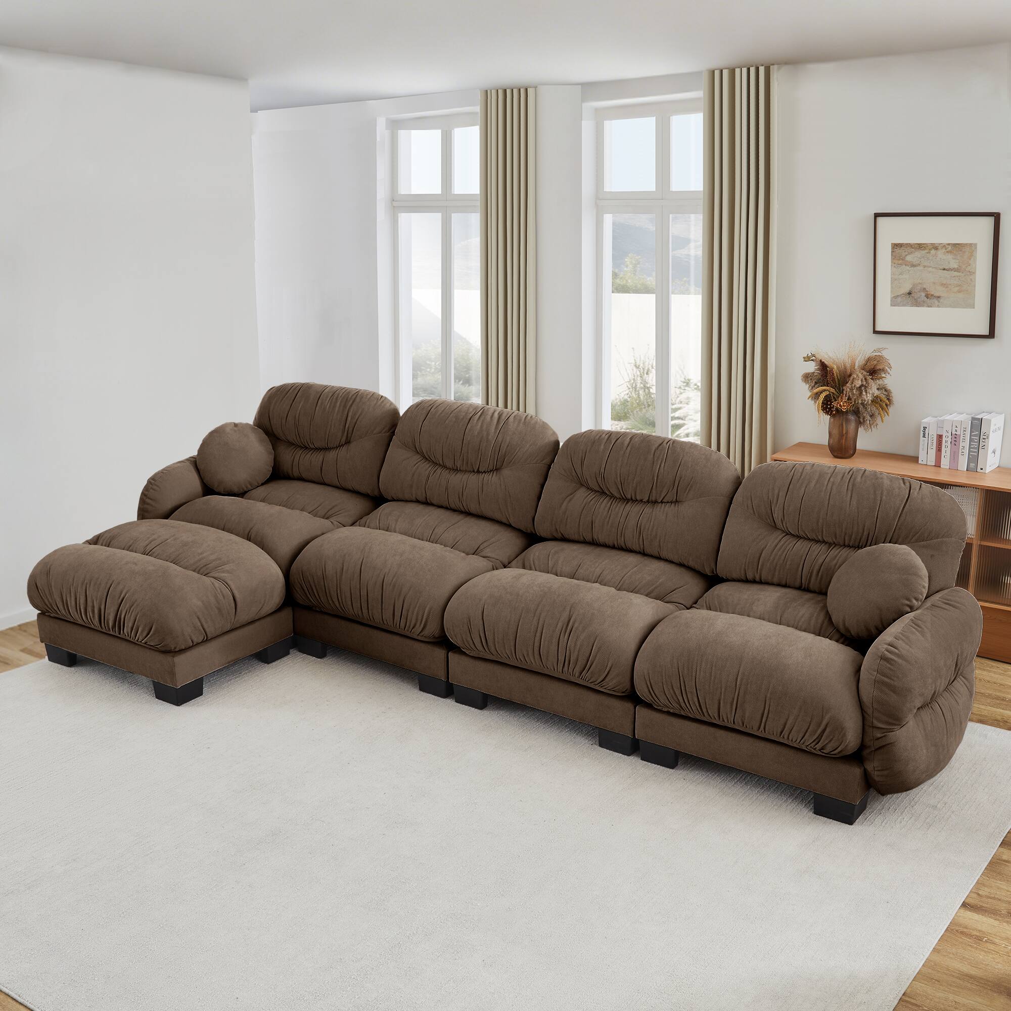 Angle. Anysun - 4-Seater L Shape Sectional Couch with Ottoman, Chenille Fabric, High-Density Foam & Curved Armrests for Living Room - Brown.