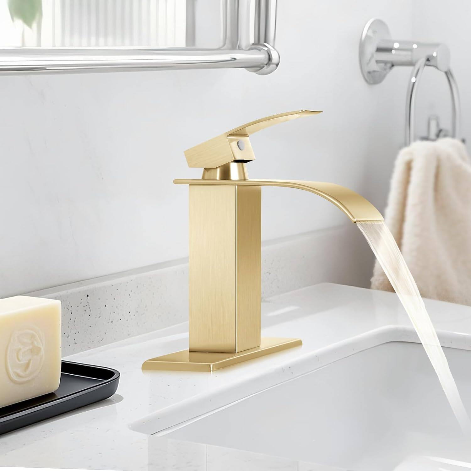 Angle. DOMETOUR - Single Handle Bathroom Faucet Lavatory Faucet Stainless Steel Single Hole-TP - Brushed Gold.