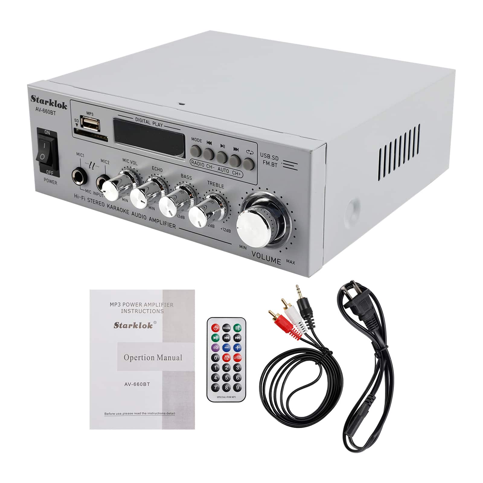 Topteng - 800W Peak 2.1CH Bluetooth HiFi Amplifier – Zinc Alloy, FM, USB/SD, AUX, Fit for Car & Home - Silver