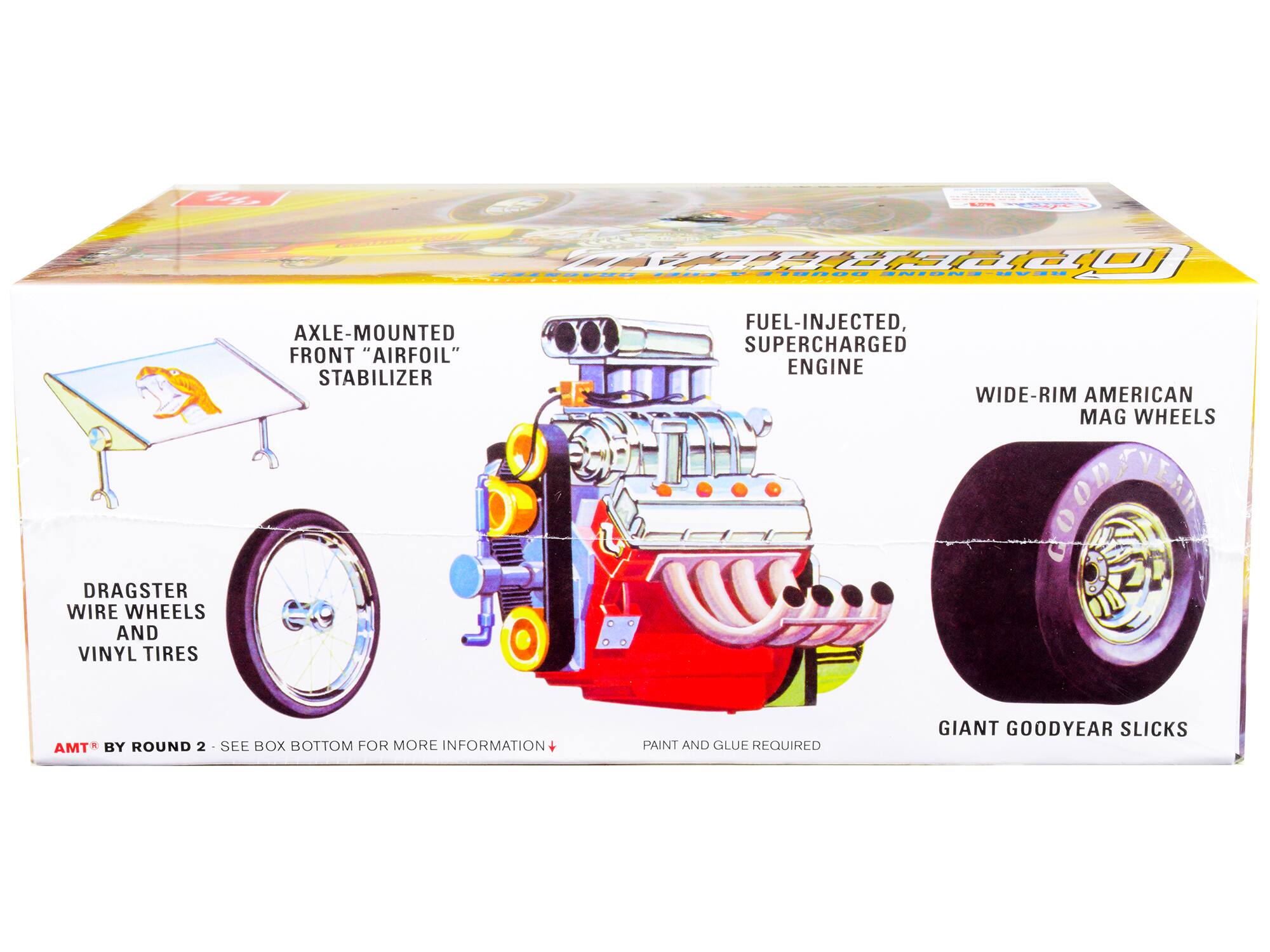 AXLE-MOUNTED FRONT "AIRFOIL" STABILIZER  
FUEL-INJECTED, SUPERCHARGED ENGINE  
WIDE-RIM AMERICAN MAG WHEELS  
DRAGSTER WIRE WHEELS AND VINYL TIRES  
GIANT GOODYEAR SLICKS  
PAINT AND GLUE REQUIRED  
AMT BY ROUND 2 - SEE BOX BOTTOM FOR MORE INFORMATION