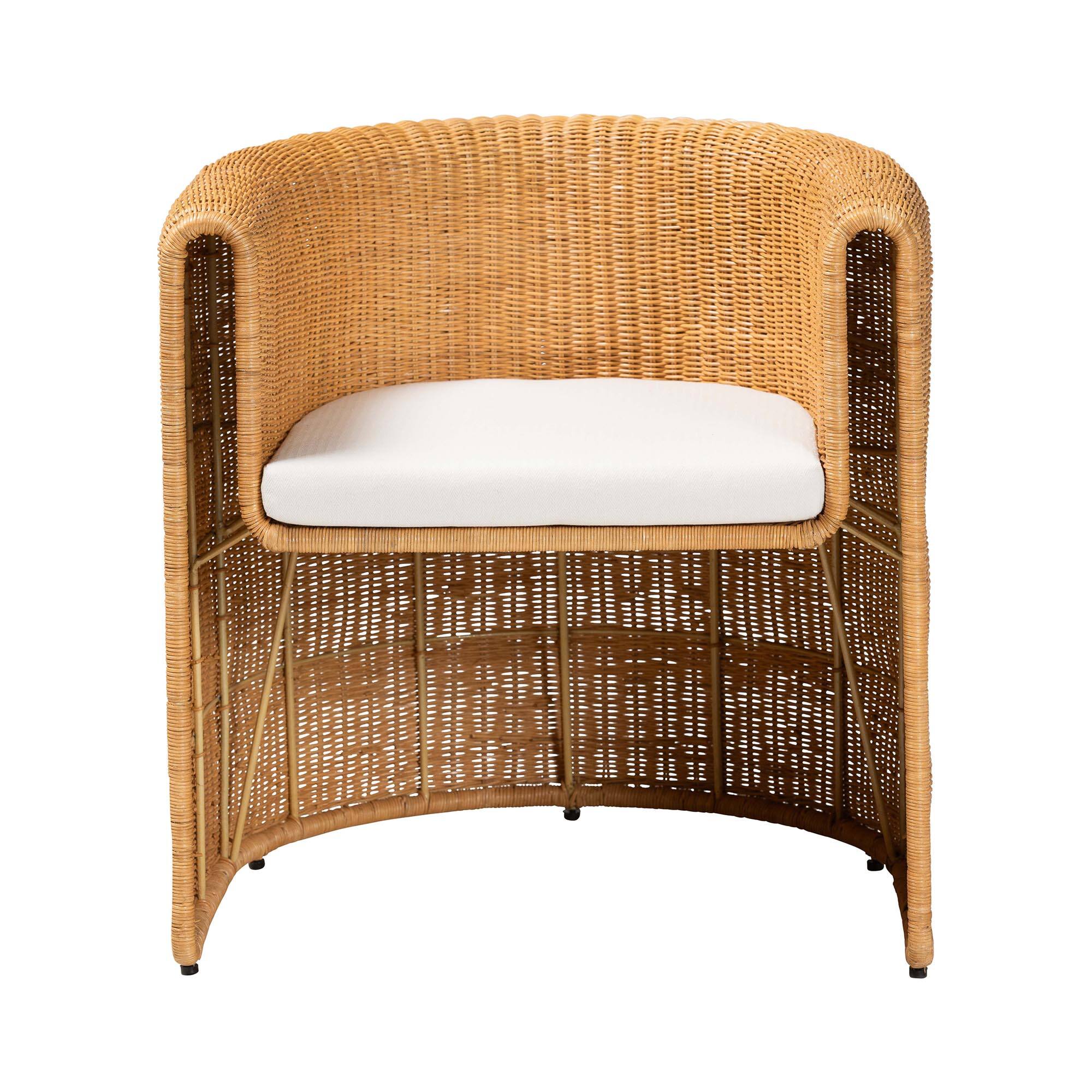 Angle. bali & pari - Carina Natural Rattan Barrel Dining Chair - Handwoven Wicker Accent Chair with Curved Backrest and Removable Cushion - Light Honey.