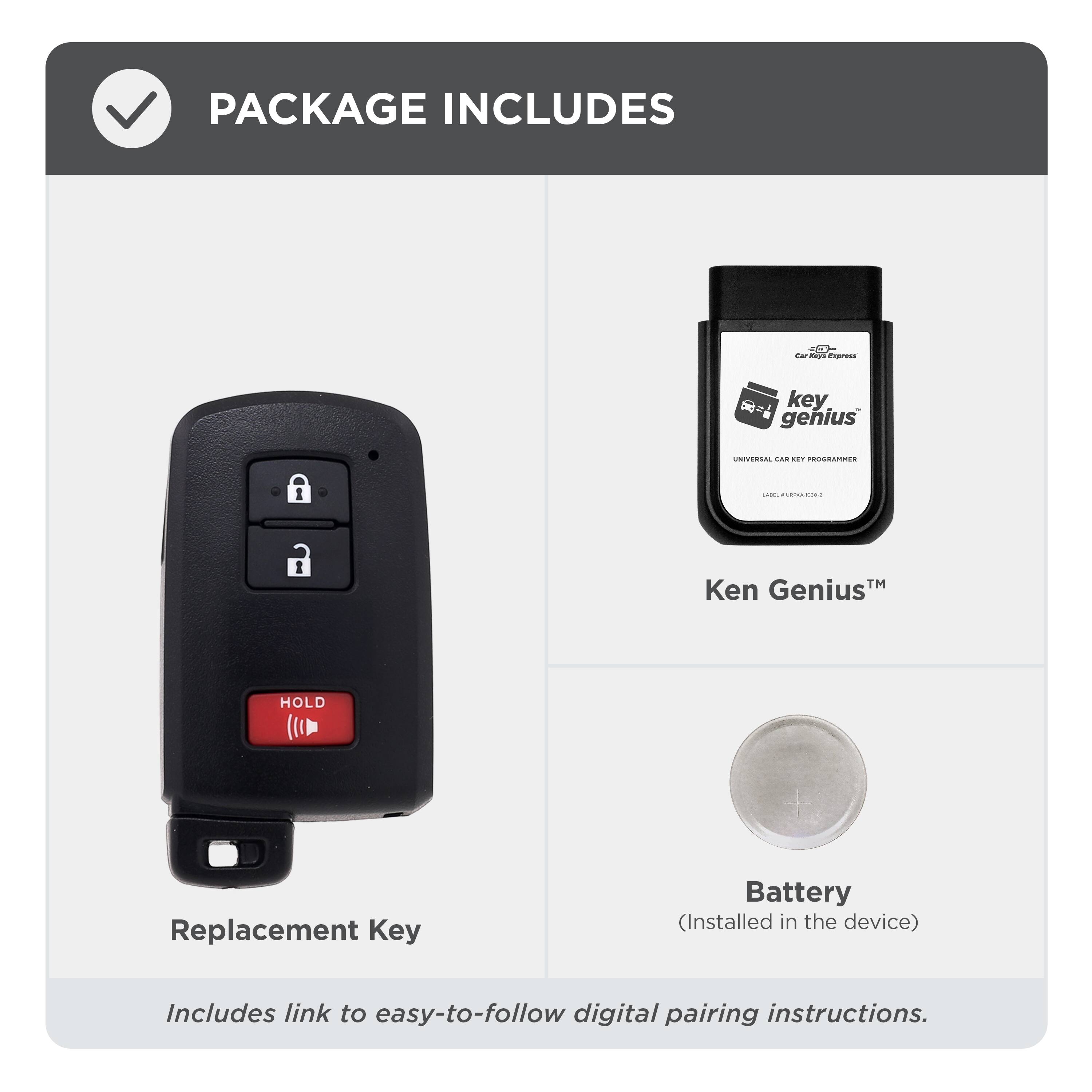 PACKAGE INCLUDES

- Replacement Key
- Ken Genius™ Universal Car Key Programmer
- Battery (Installed in the device)

Includes link to easy-to-follow digital pairing instructions.
