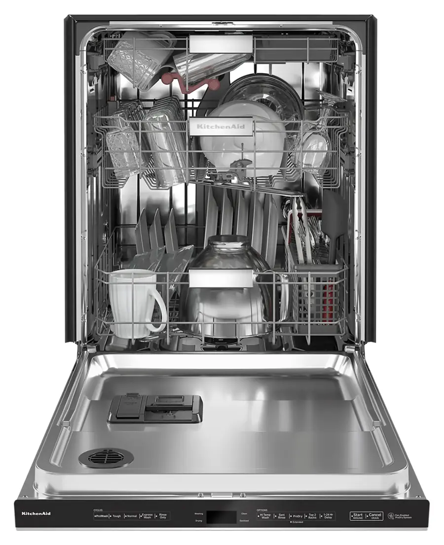 KitchenAid KitchenAid dishwasher with silverware and dishes inside.
