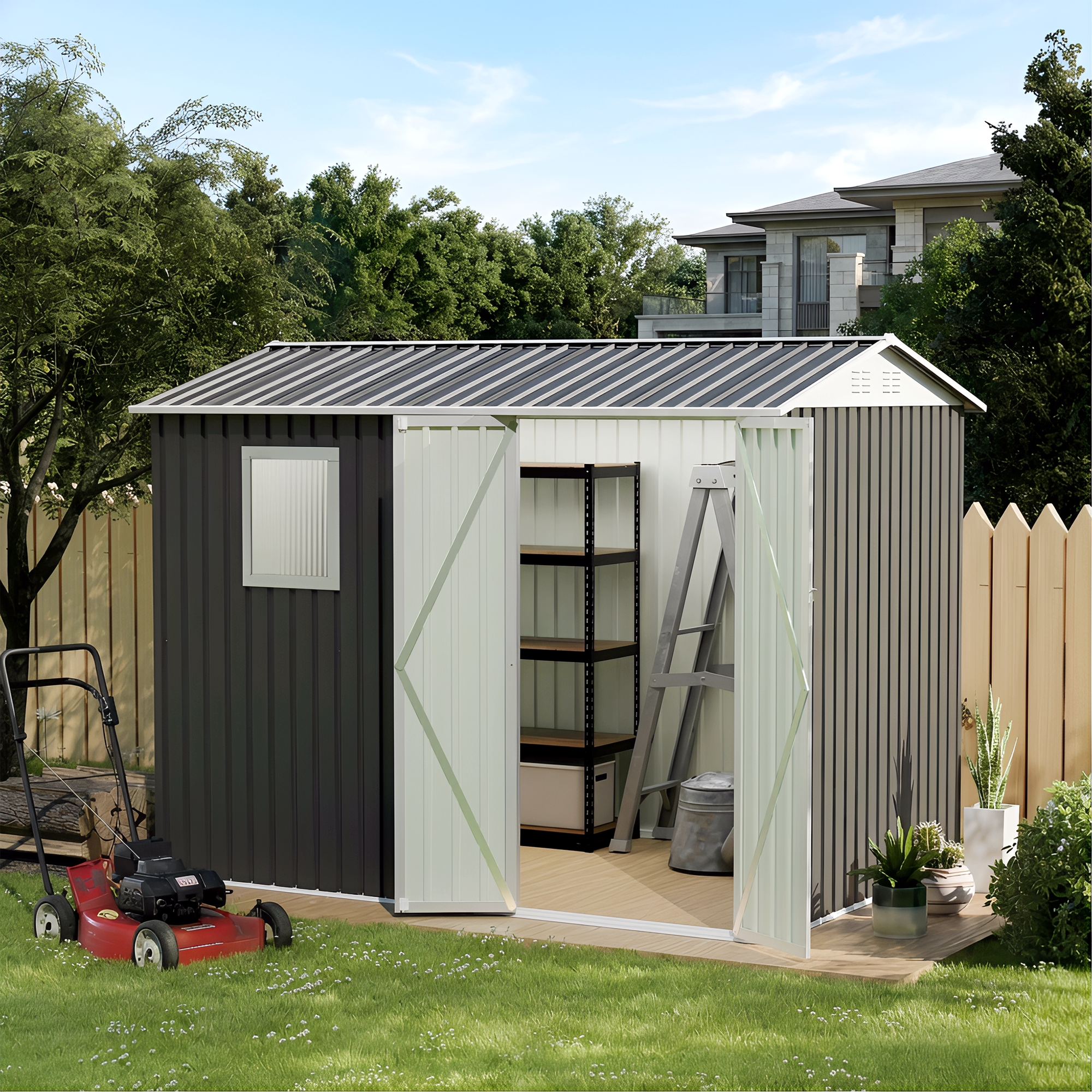 Left. Anysun - 9x6 FT Metal Garden Shed with 1 Window – Outdoor Patio Storage Shed with Hinge Door, Galvanized Steel, Apex Roof - Grey.